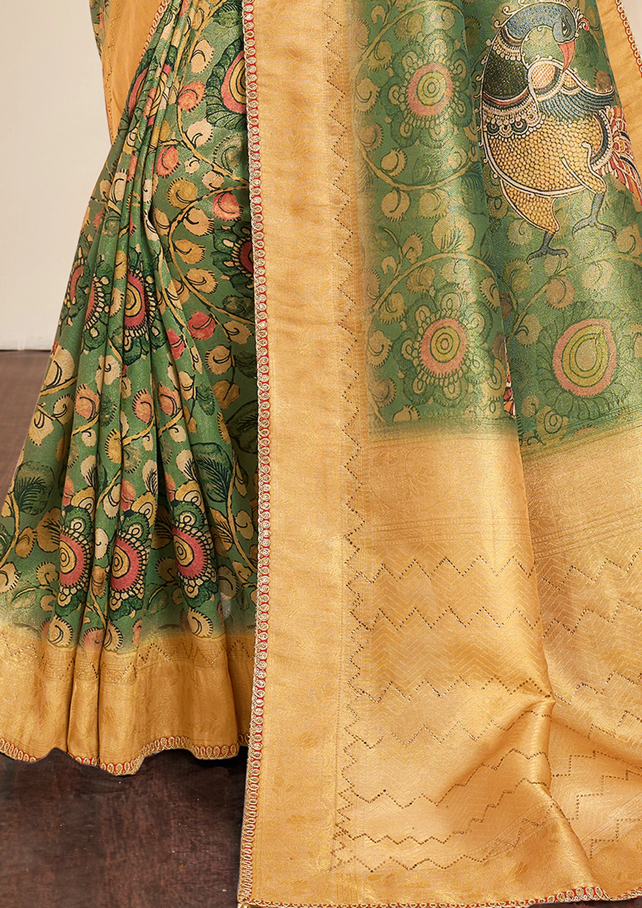Green & Ochre Printed Tissue Silk Saree - Image 5
