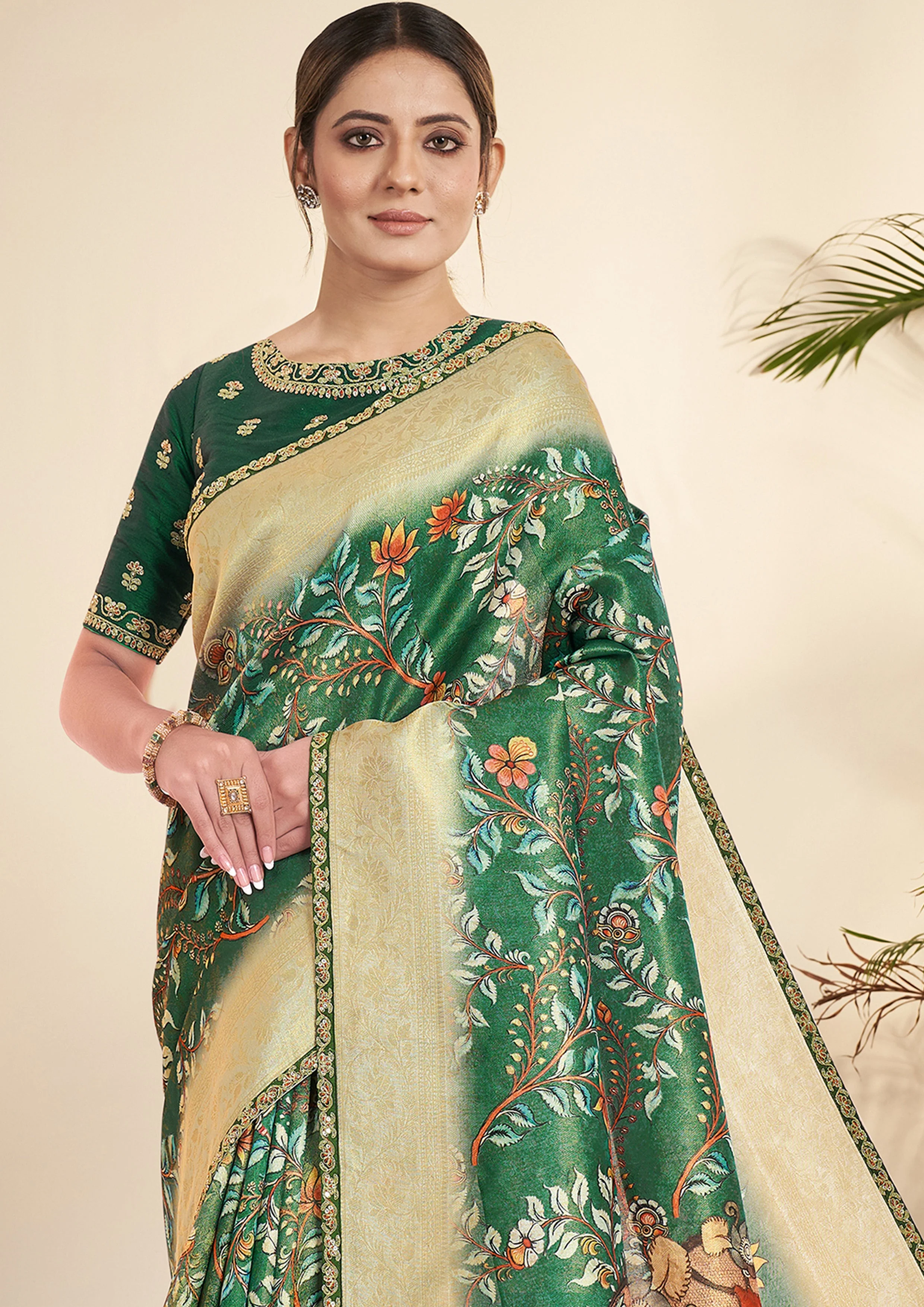 Bottle Green Printed Tissue Silk Saree - Image 2