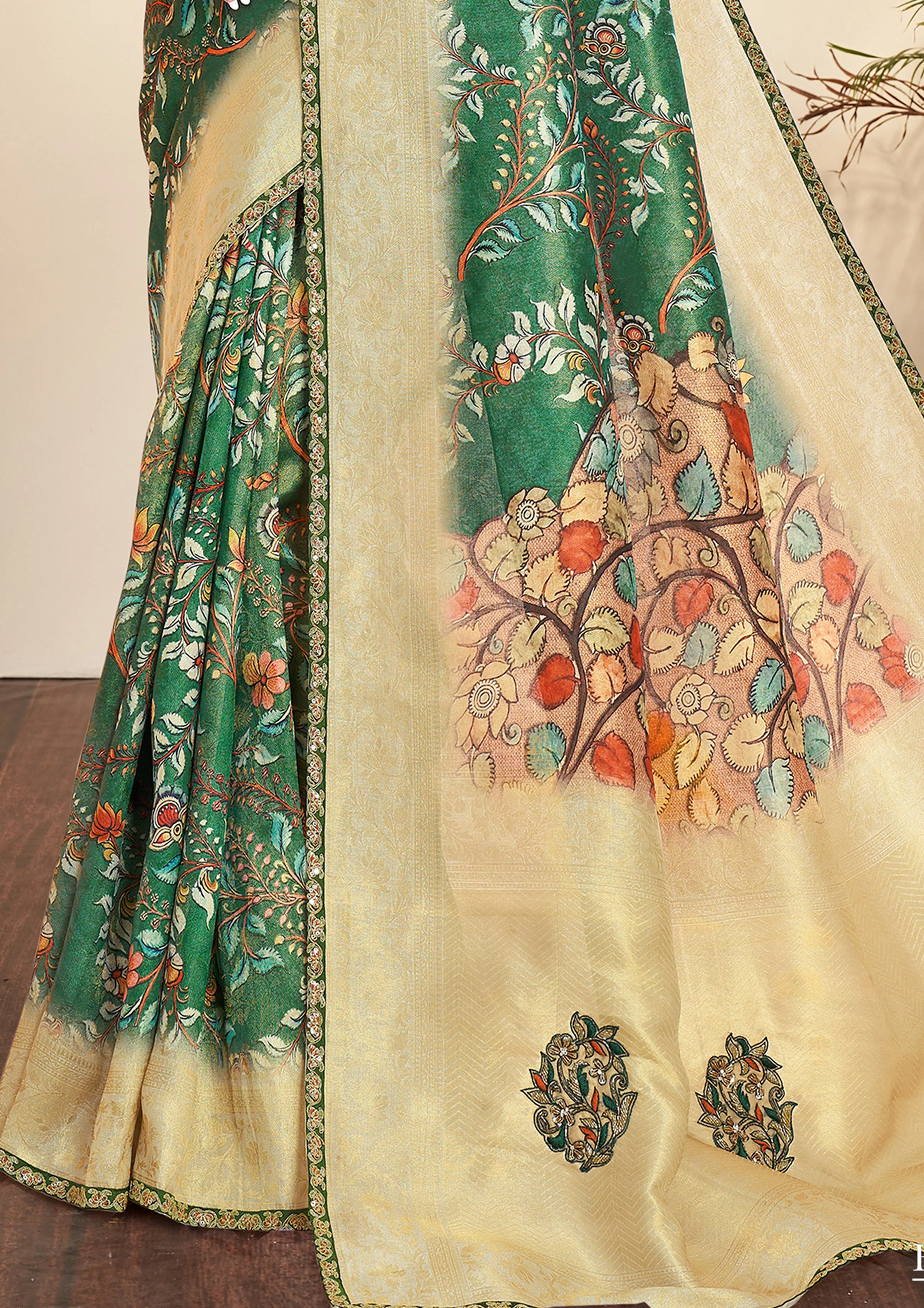 Bottle Green Printed Tissue Silk Saree - Image 3