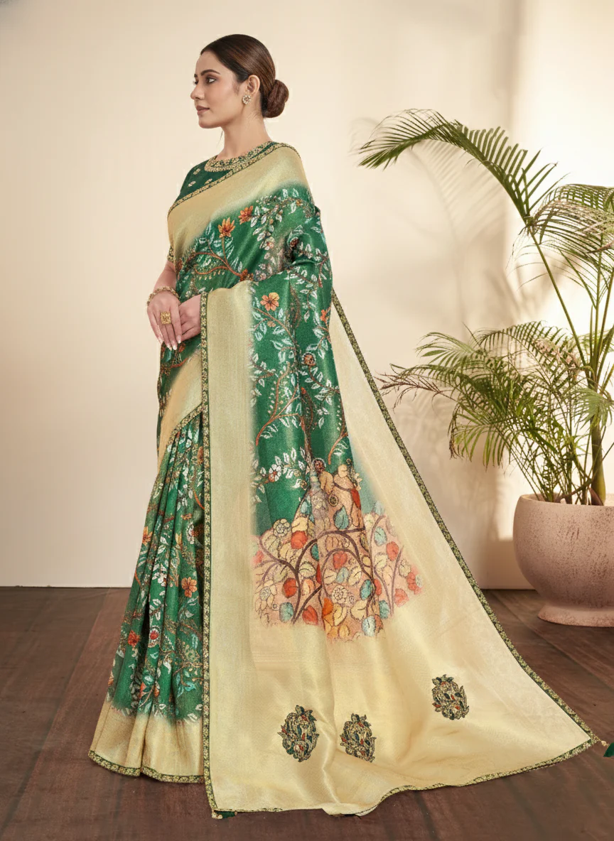 Bottle Green Printed Tissue Silk Saree - Image 4
