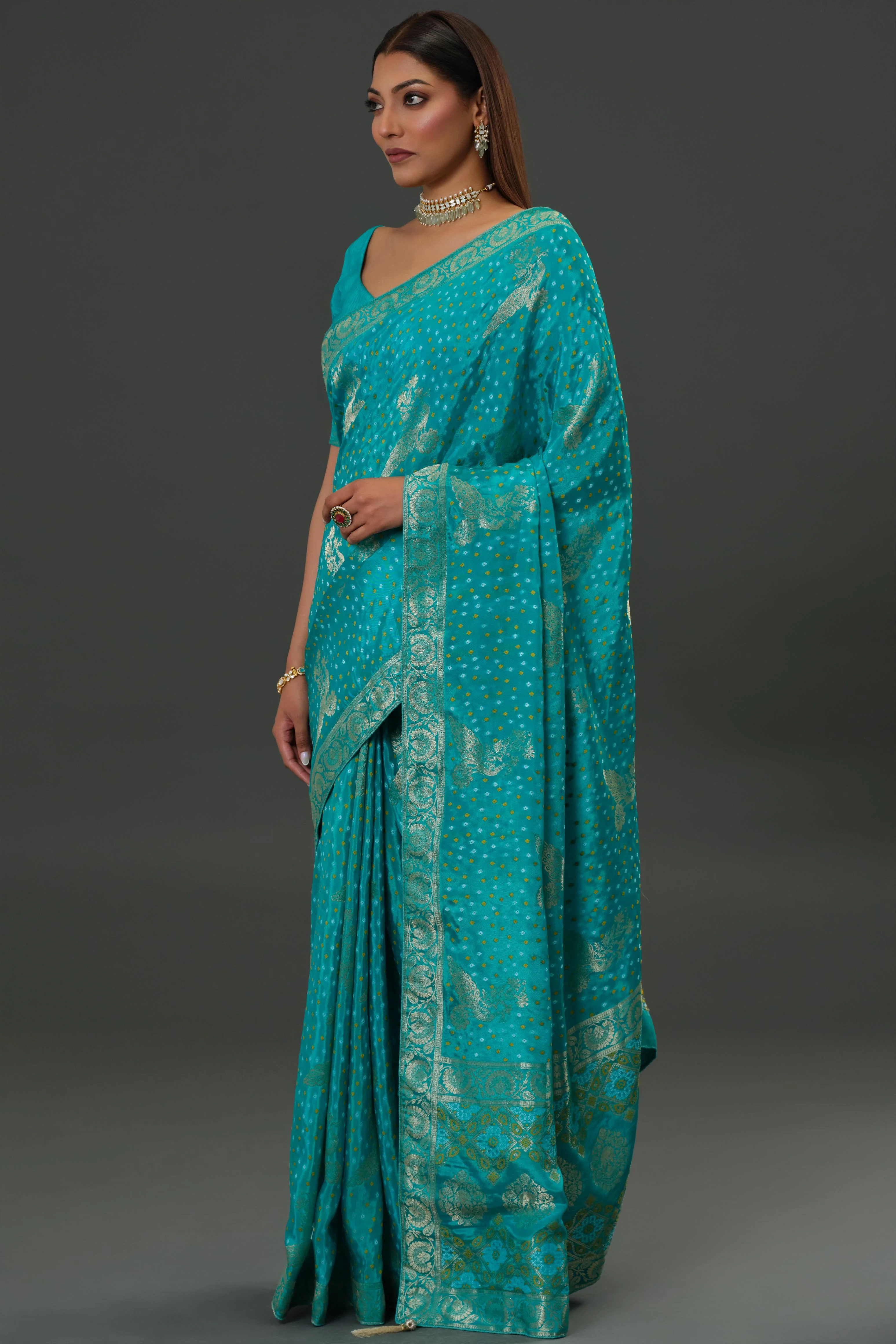 Teal Bandhani Printed Dola Silk Saree - Image 3
