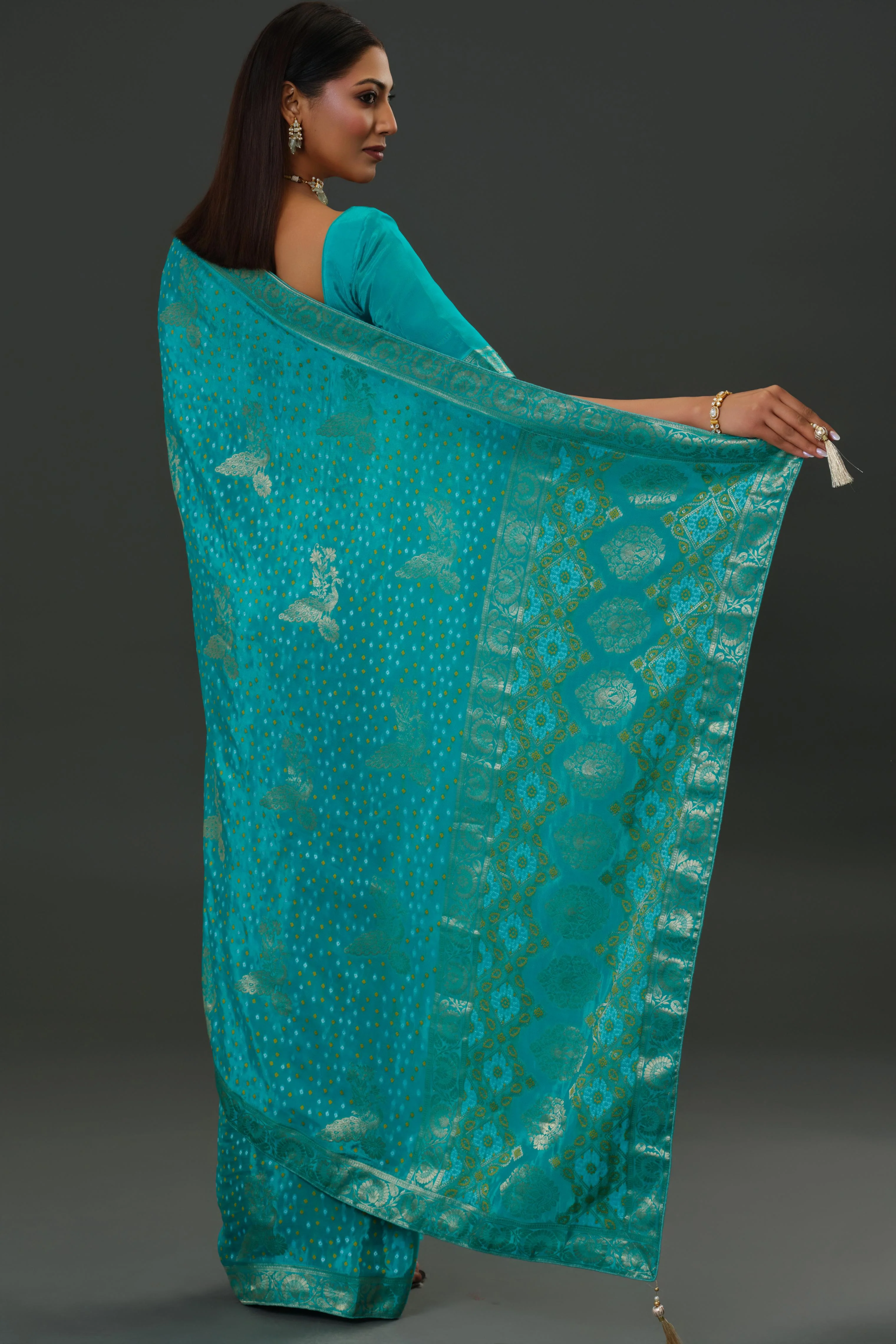 Teal Bandhani Printed Dola Silk Saree - Image 4