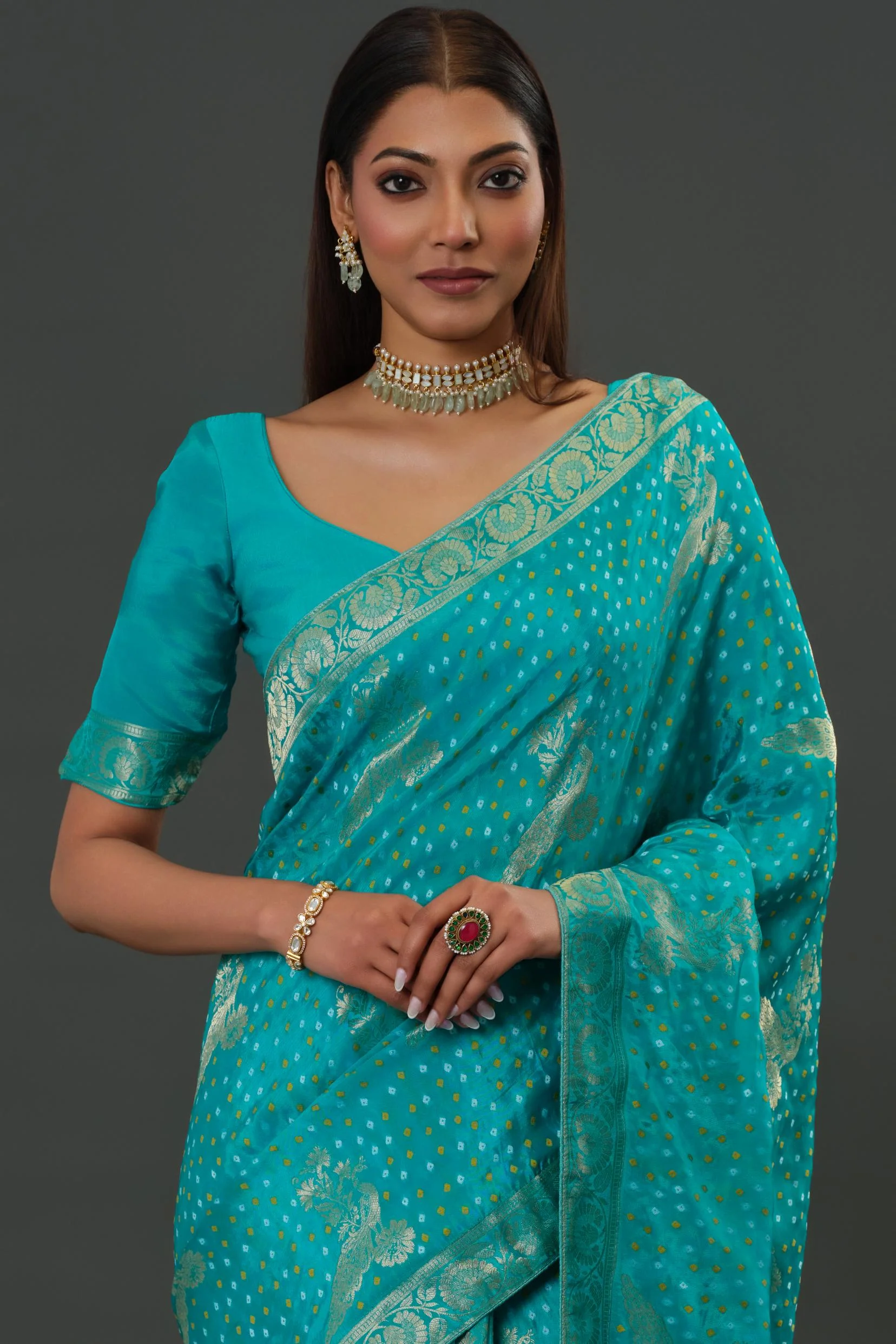 Teal Bandhani Printed Dola Silk Saree - Image 5