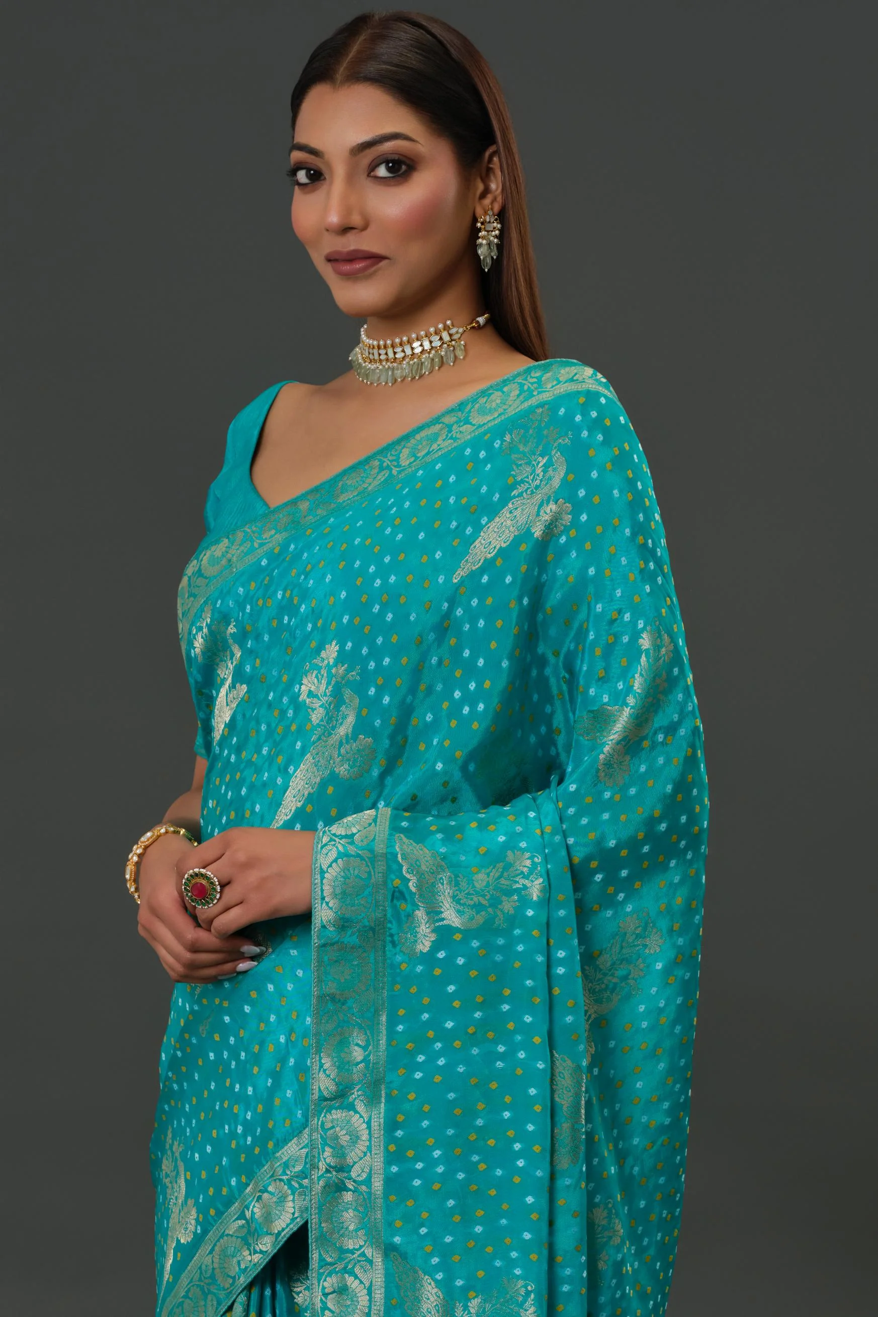 Teal Bandhani Printed Dola Silk Saree - Image 6