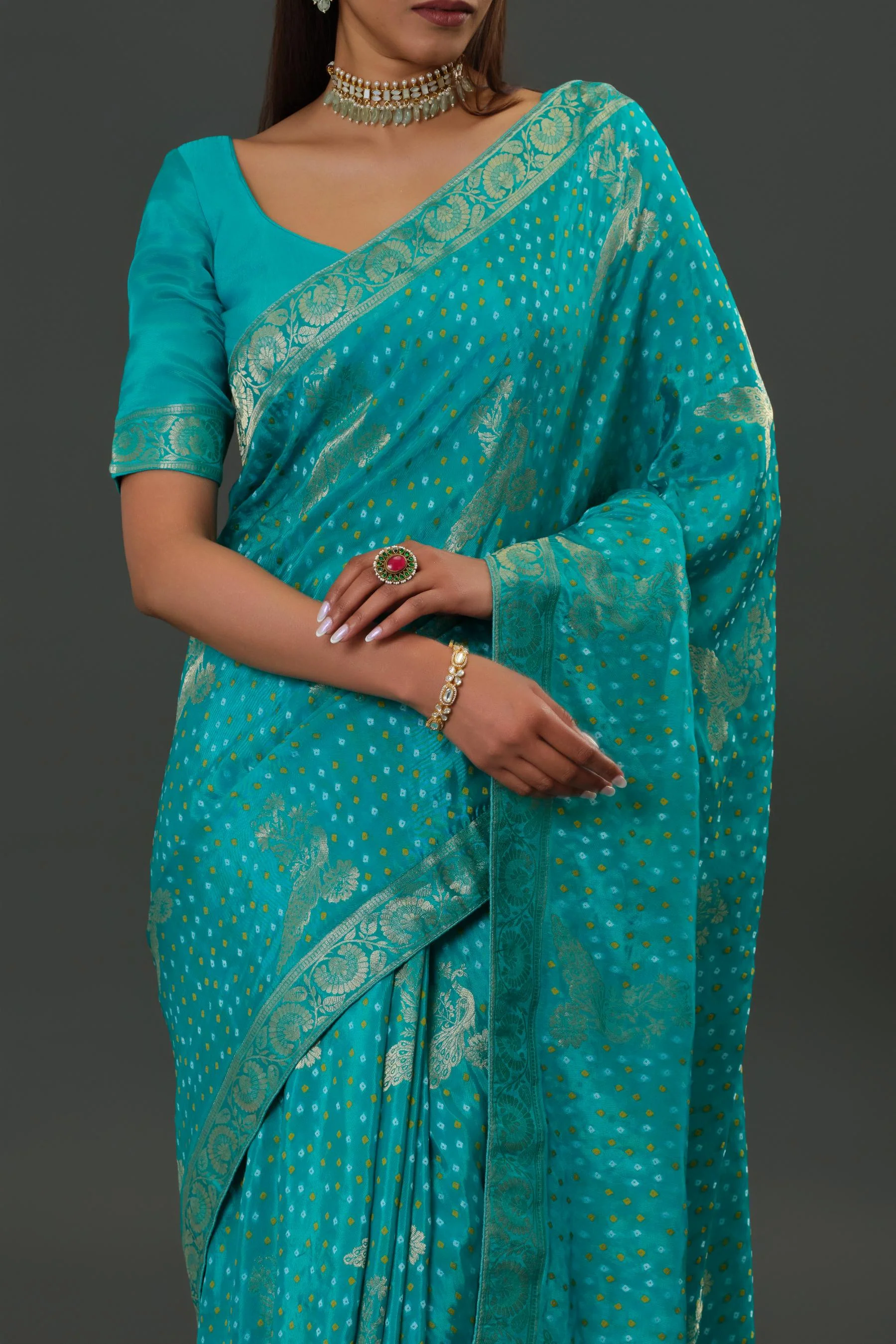 Teal Bandhani Printed Dola Silk Saree - Image 7