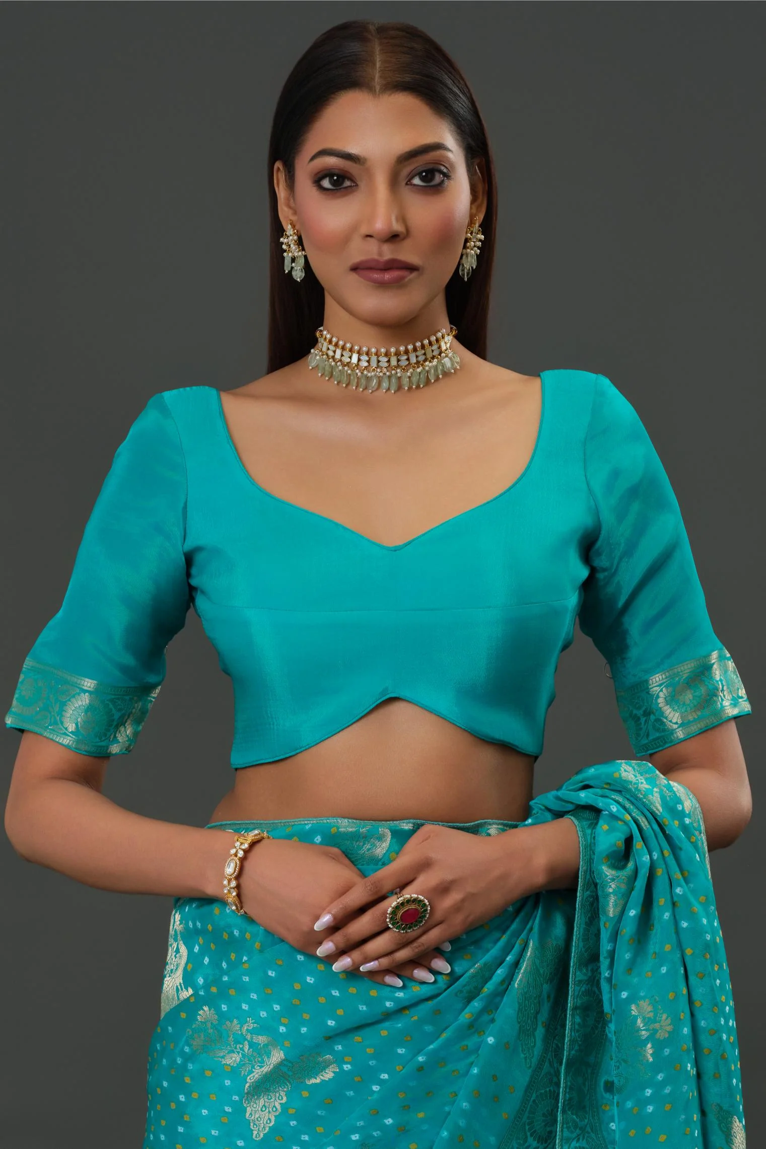 Teal Bandhani Printed Dola Silk Saree - Image 8