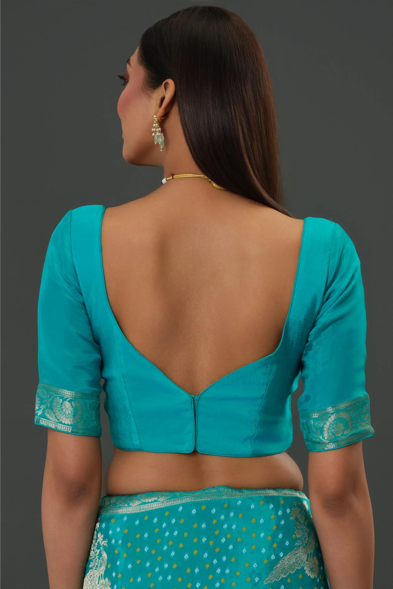 Teal Bandhani Printed Dola Silk Saree - Image 9