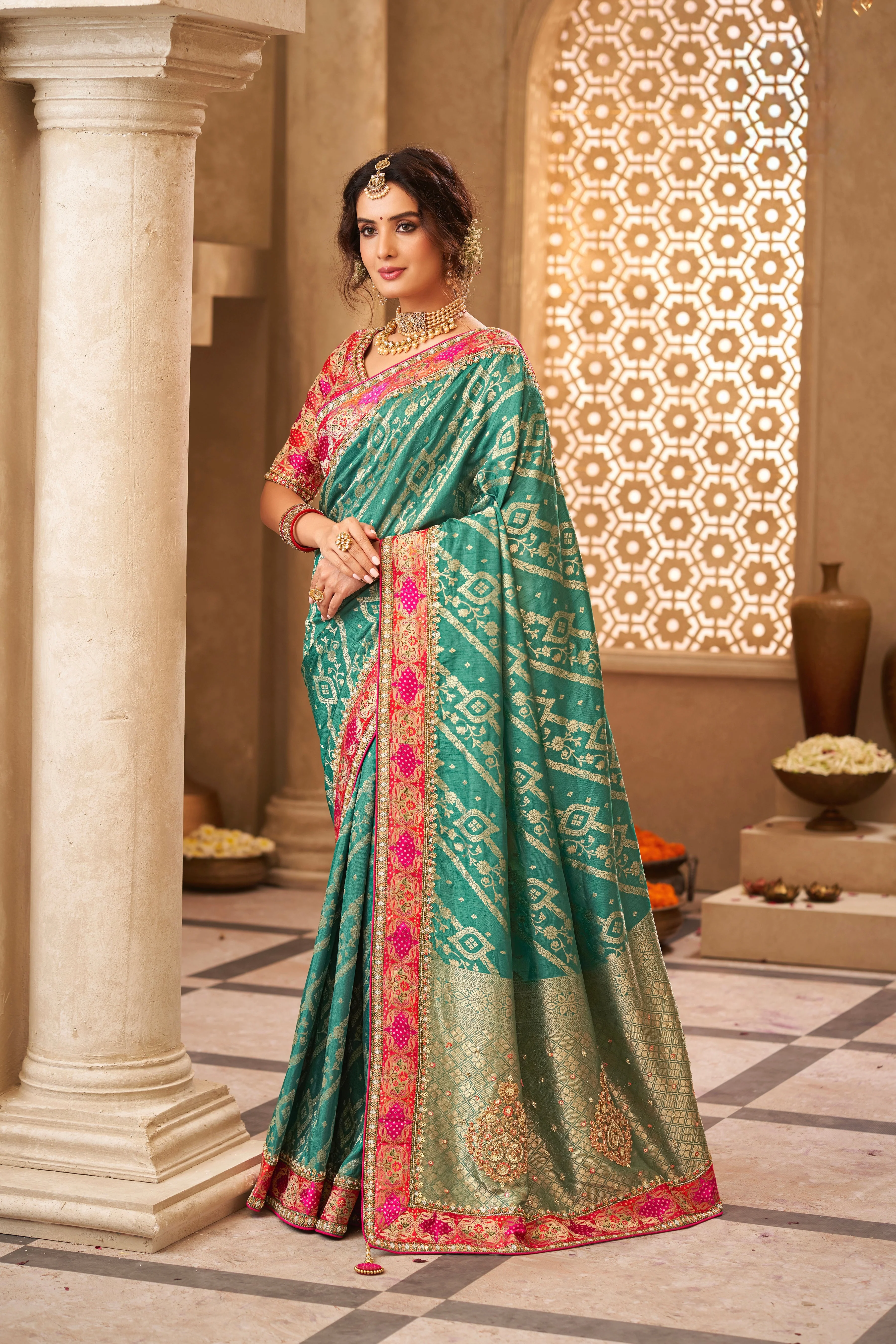 Teal Green Designer Dola Silk Saree - Image 2
