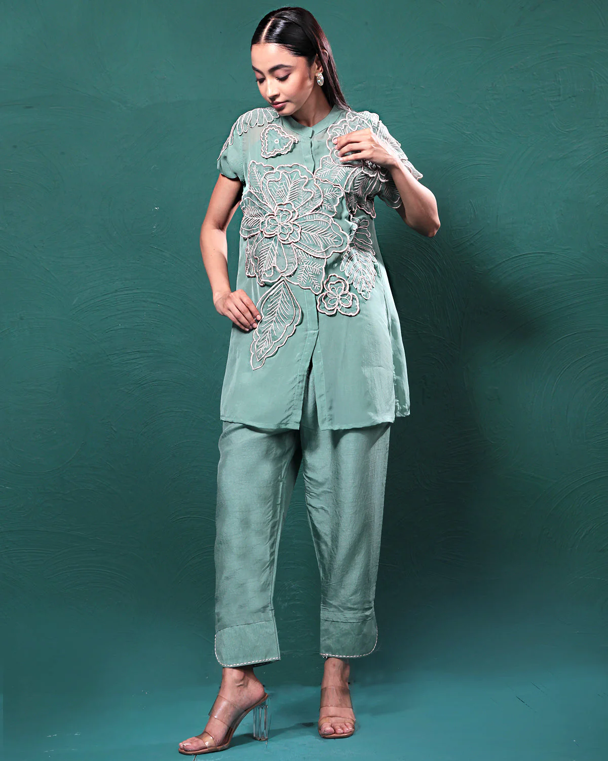 Sage Green Sheer Floral Co-Ord Set - Image 3