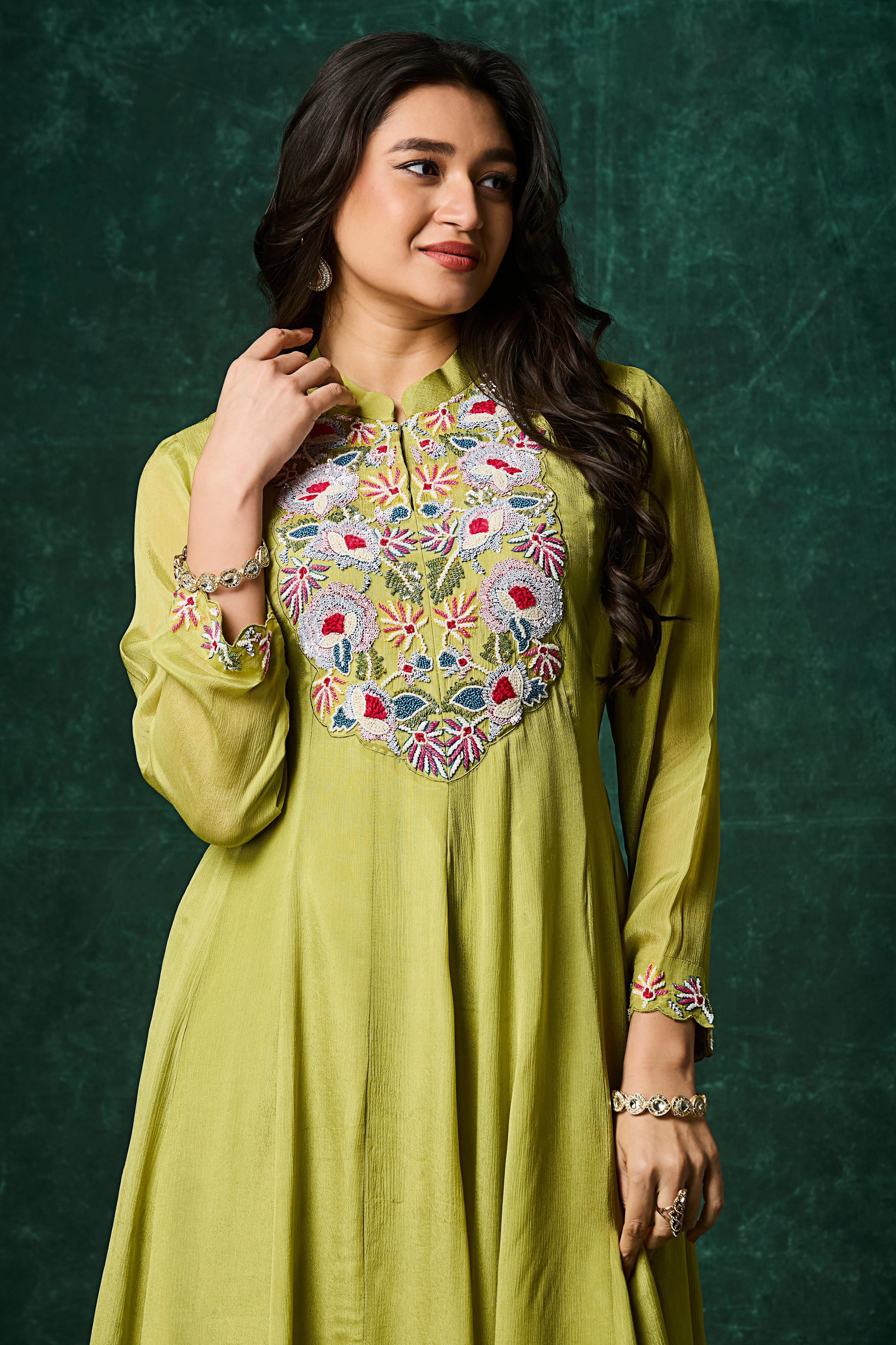 Green Embellished Chinon Silk Anarkali Set - Image 2