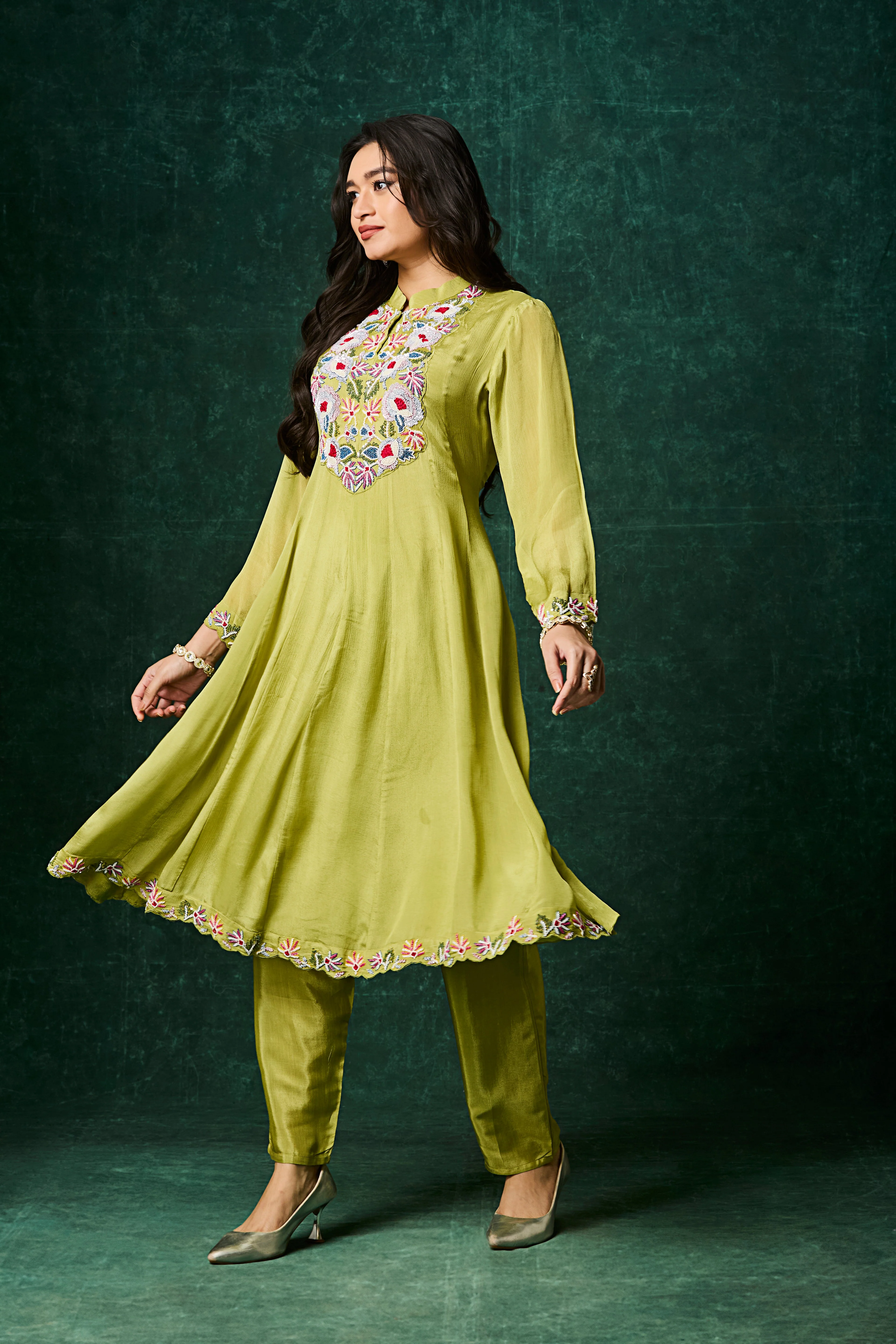 Green Embellished Chinon Silk Anarkali Set - Image 3