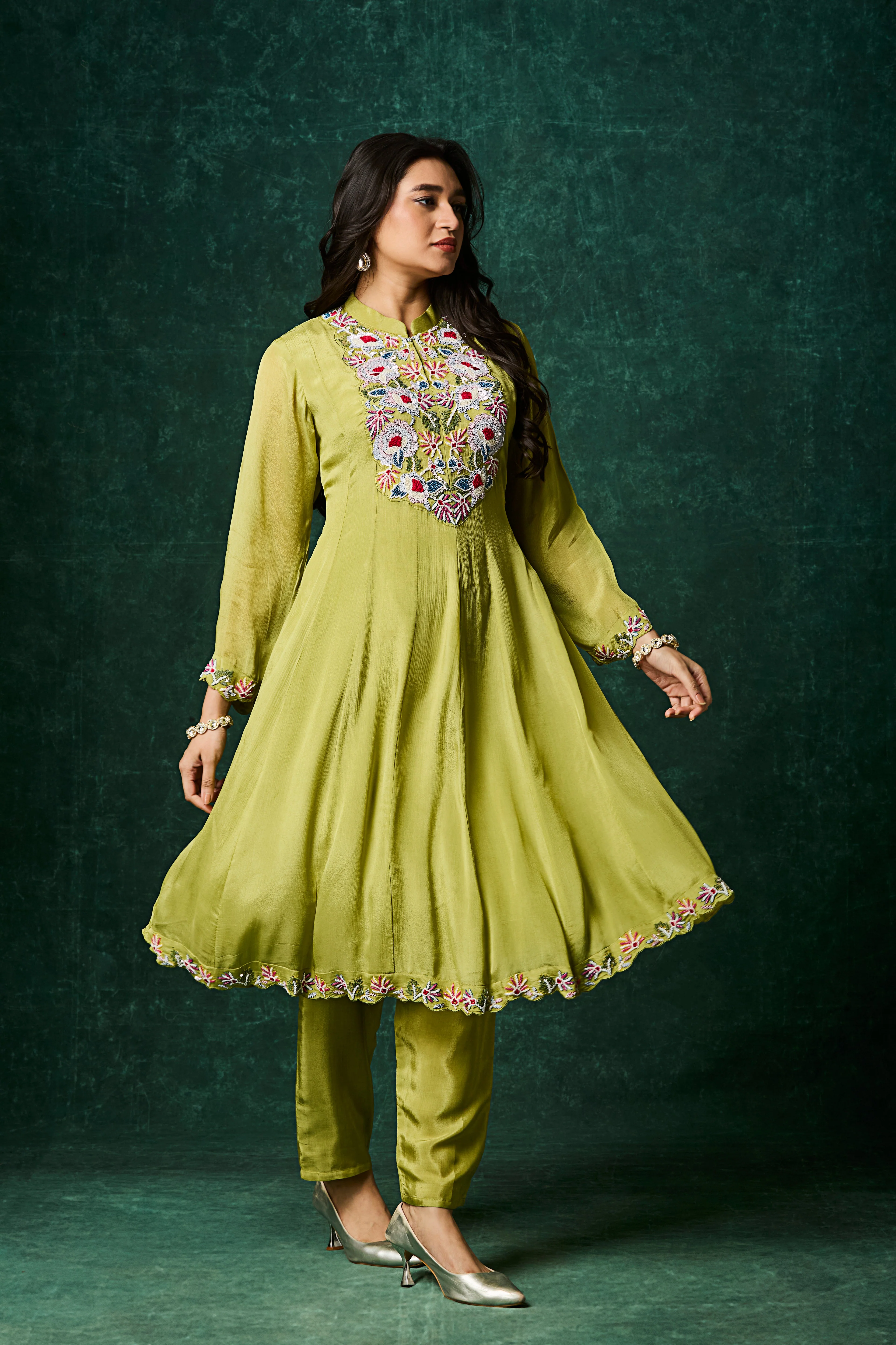 Green Embellished Chinon Silk Anarkali Set - Image 4