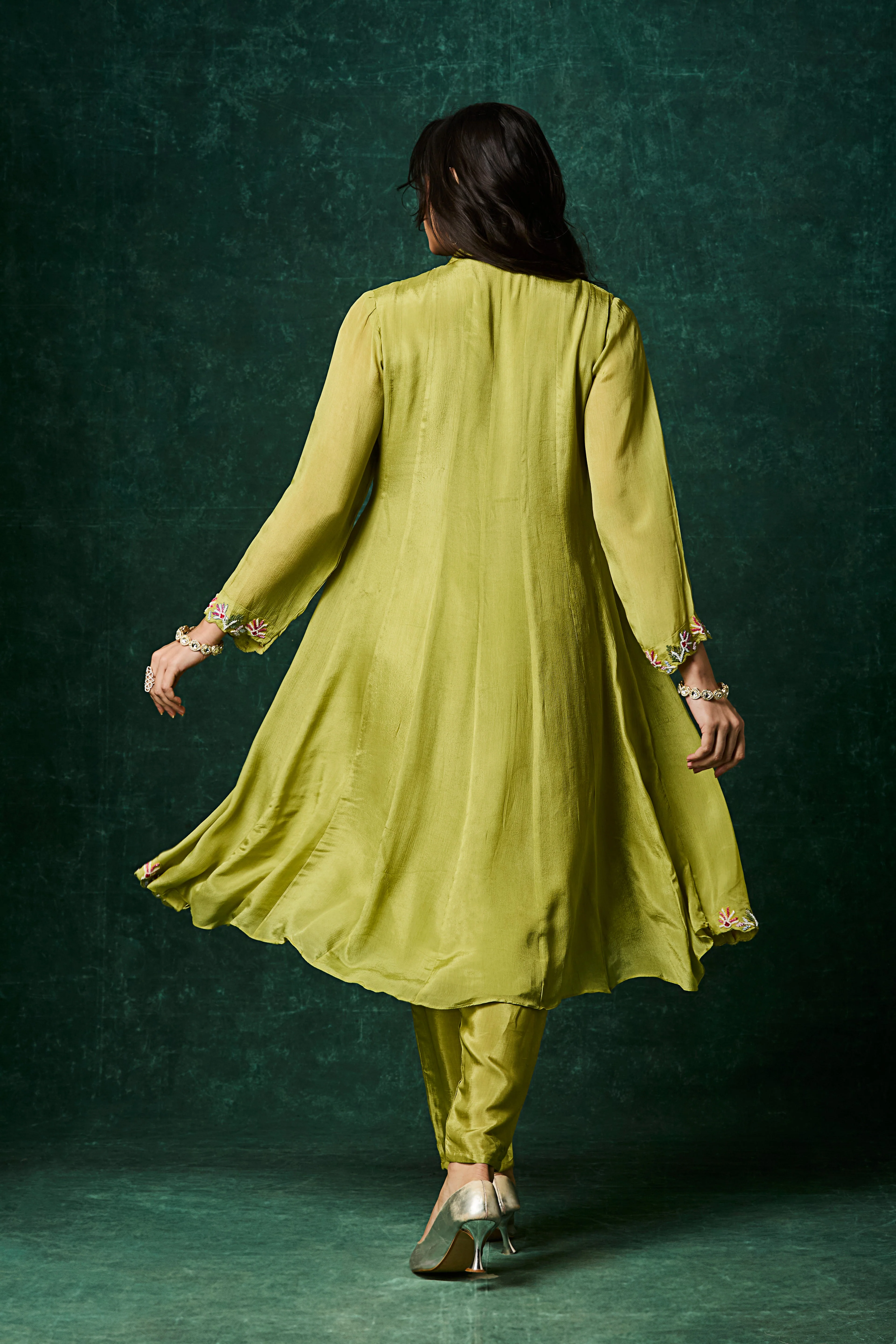 Green Embellished Chinon Silk Anarkali Set - Image 5