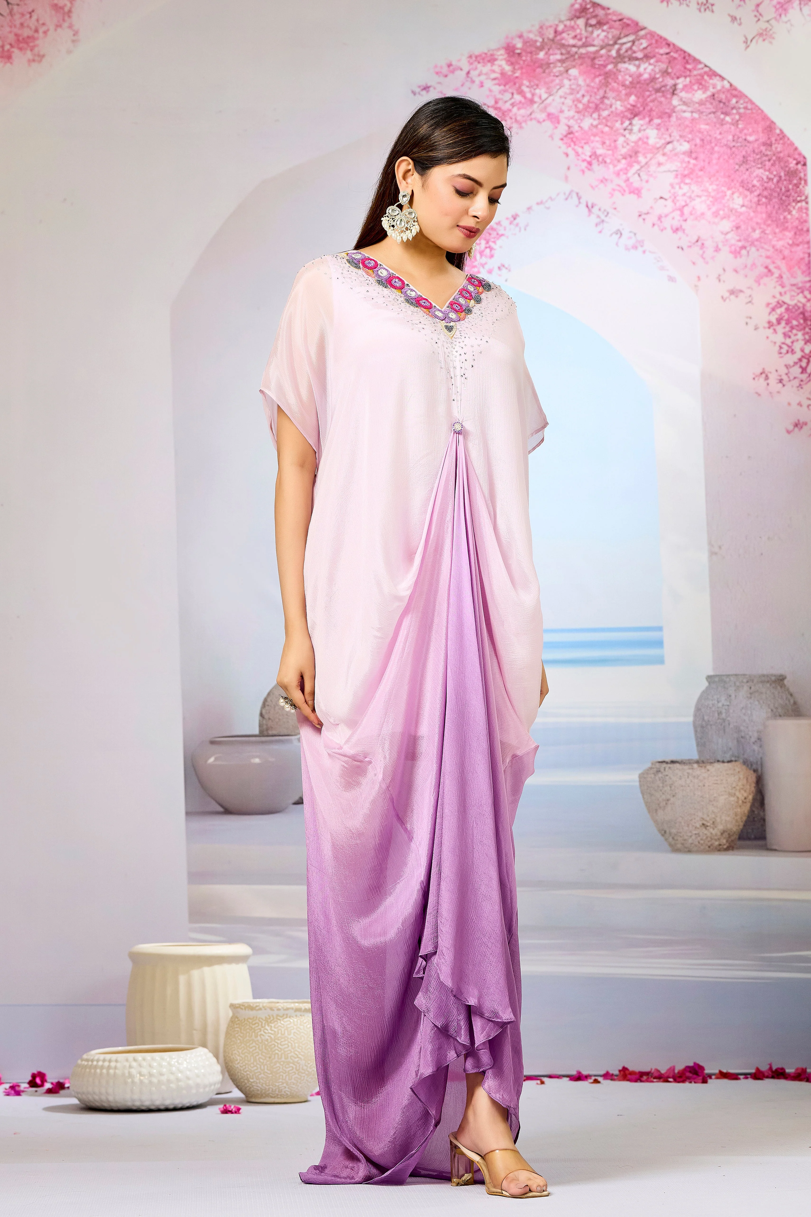 Lavender Ombre-Dyed Chinon Silk Kaftan Gown - Image 3