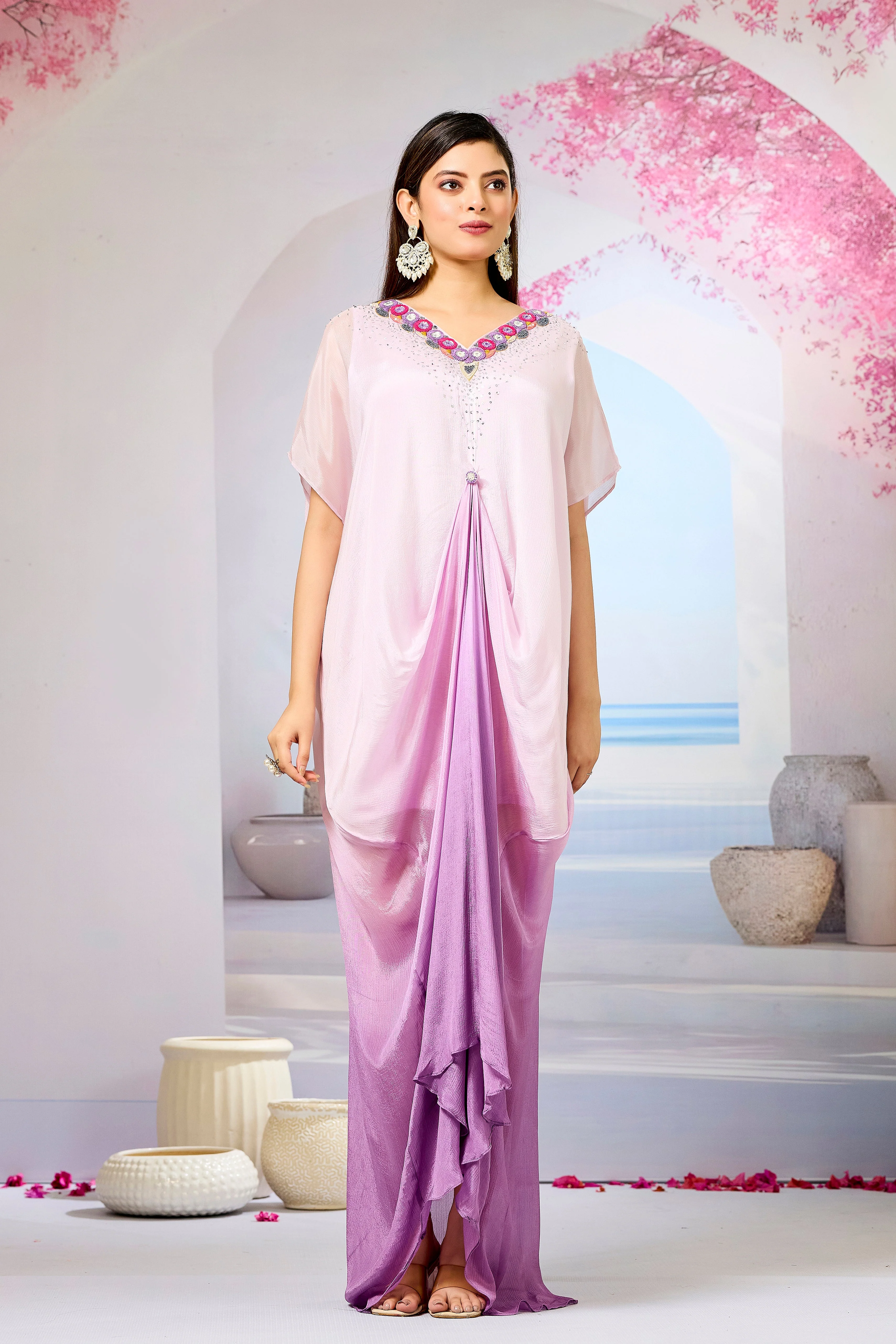 Lavender Ombre-Dyed Chinon Silk Kaftan Gown - Image 5