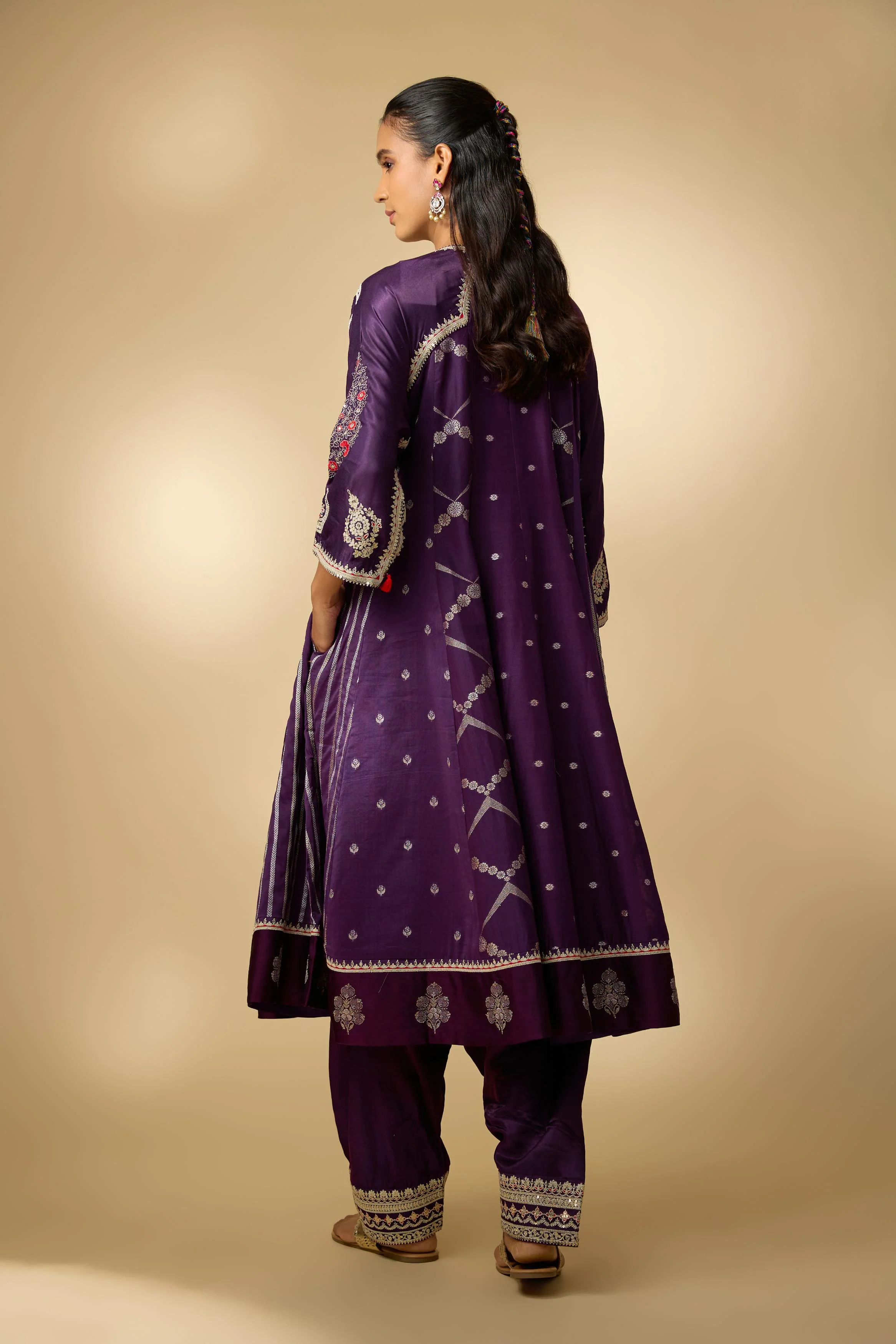 Purple Embellished Cotton Linen Anarkali Set - Image 3
