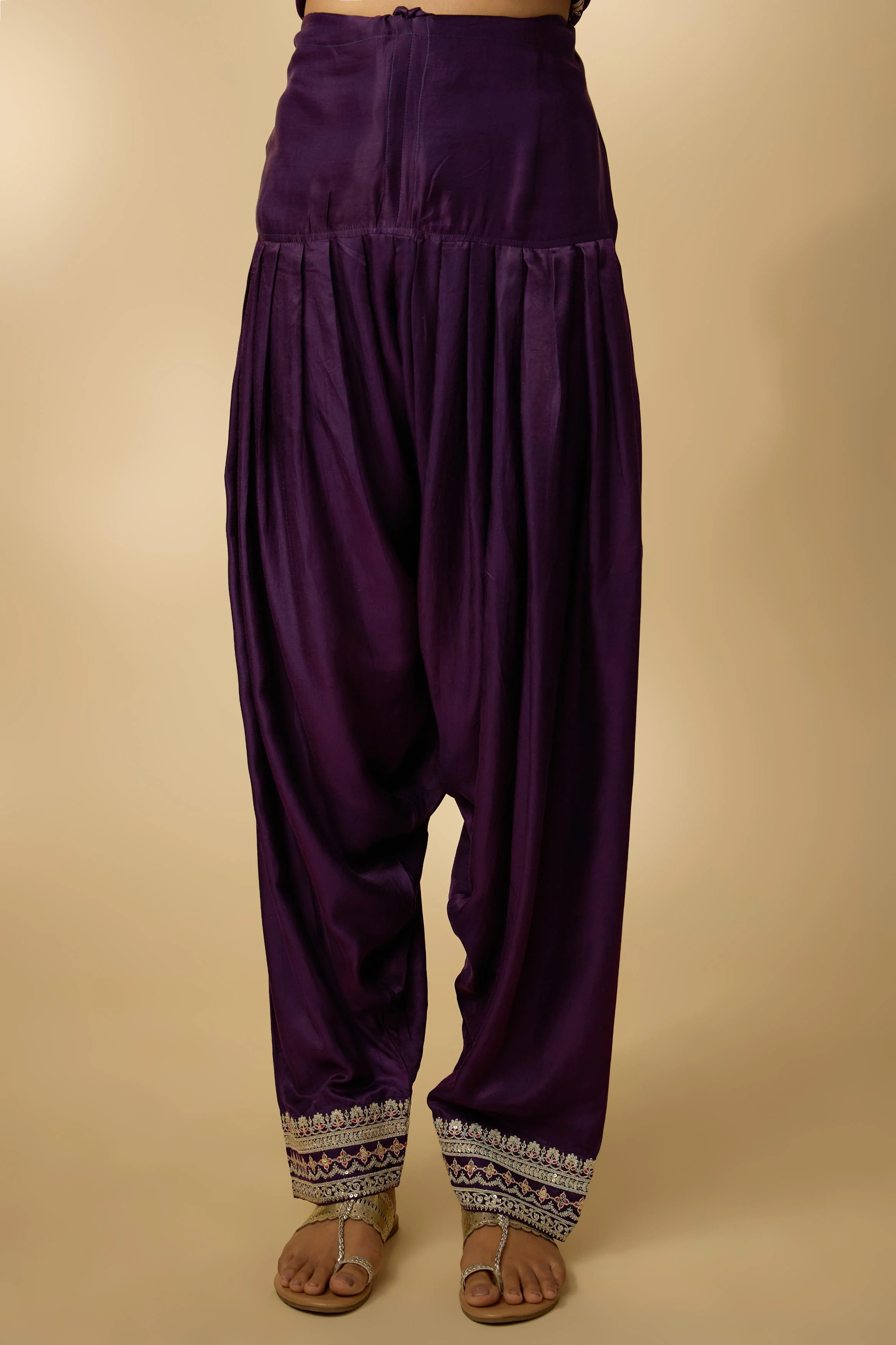 Purple Embellished Cotton Linen Anarkali Set - Image 4