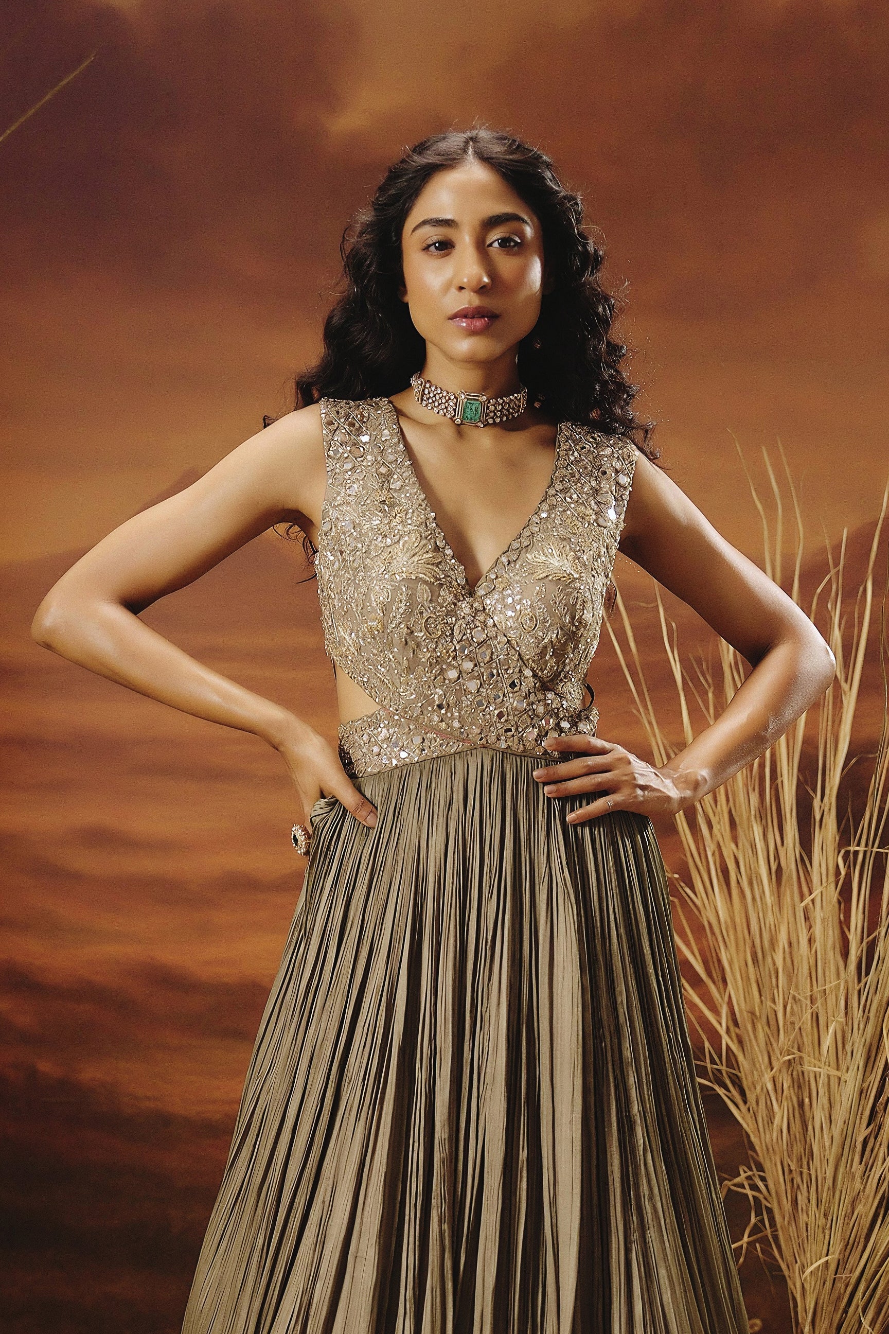 Bronze Embellished Crepe Silk Gown - Image 3