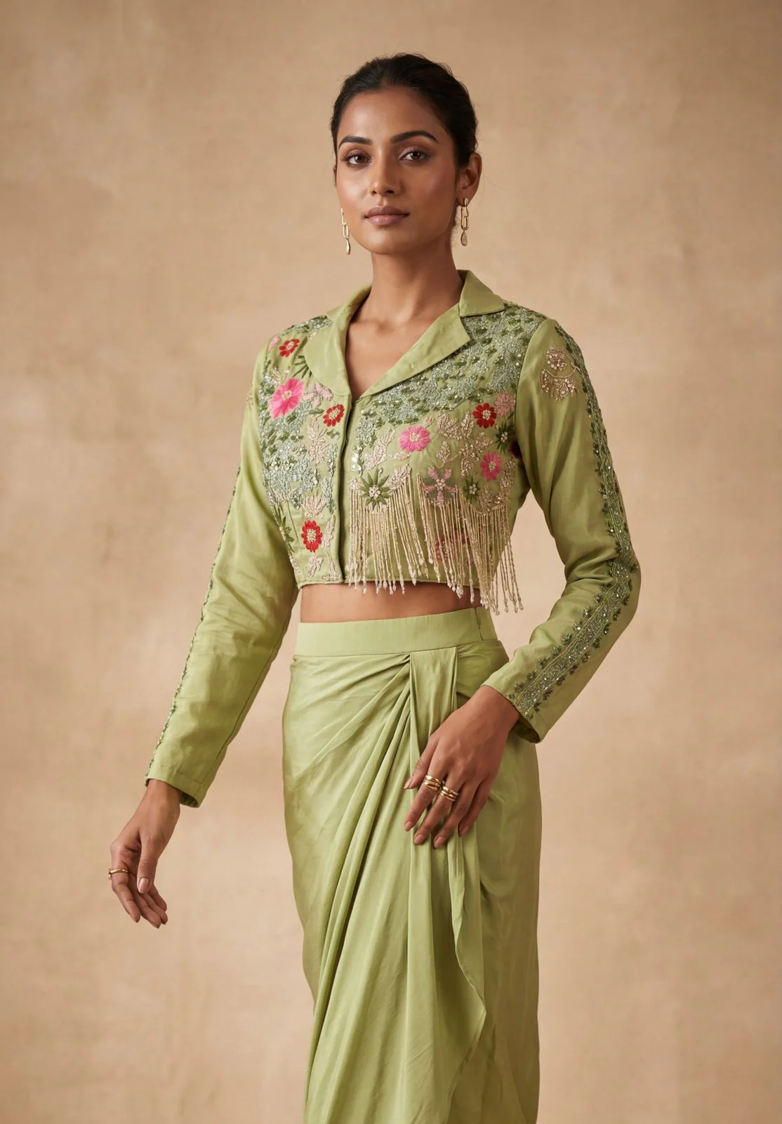 Sage Green Embellished Crepe Silk Skirt Set - Image 2