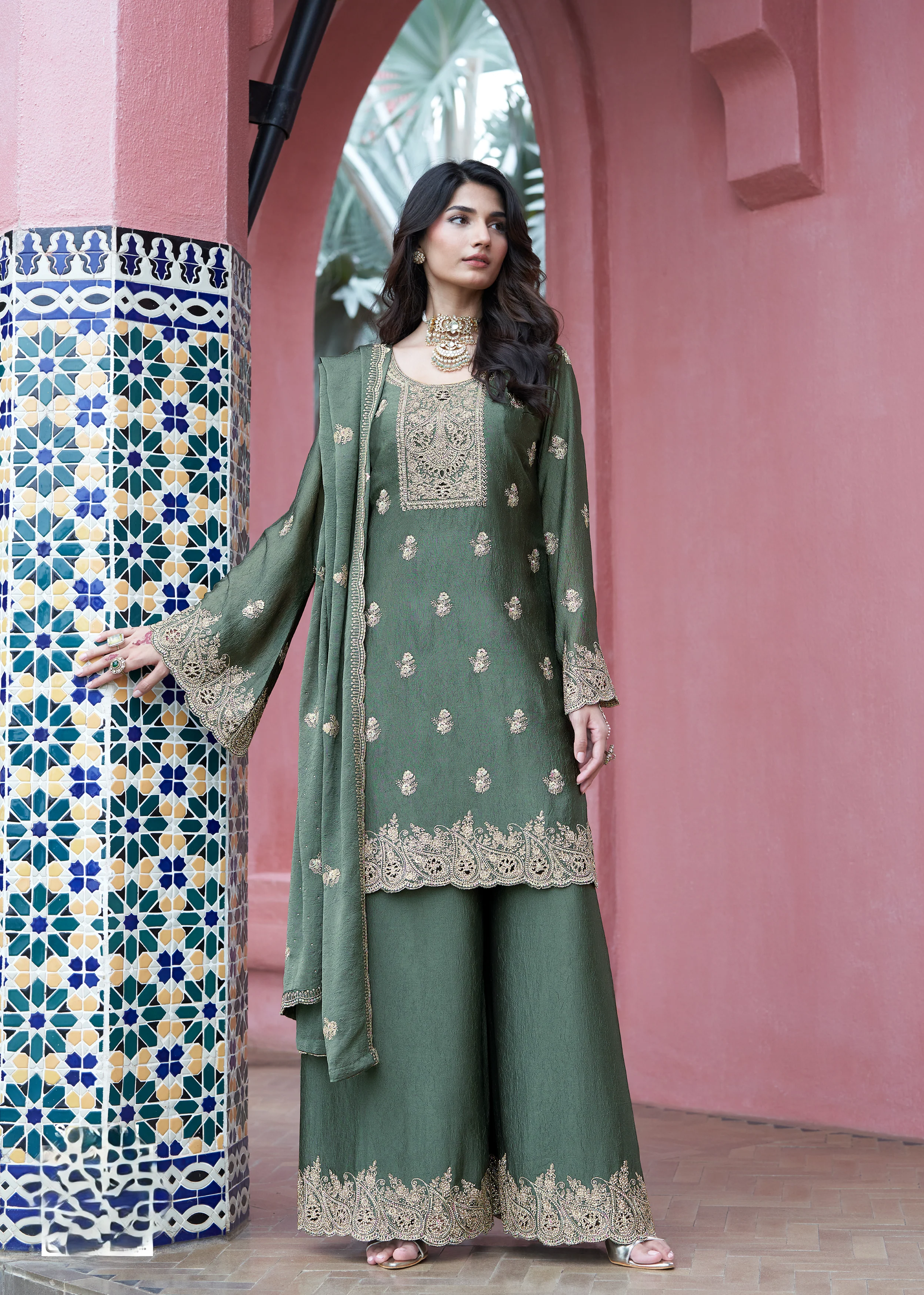 Henna Green Embellished Crushed Silk Palazzo Set