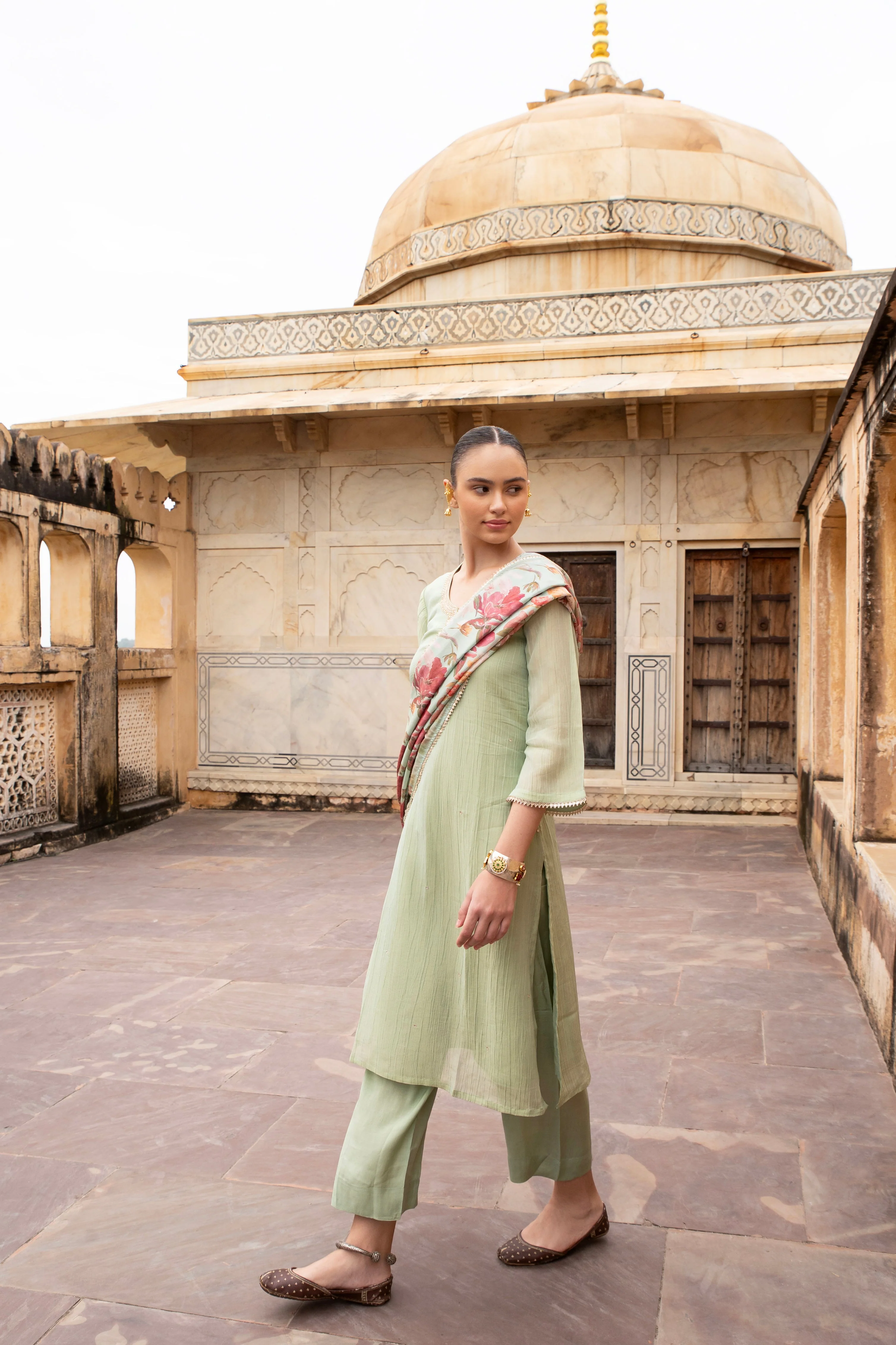 Green Embellished Crushed Tissue Silk Pant Set - Image 2