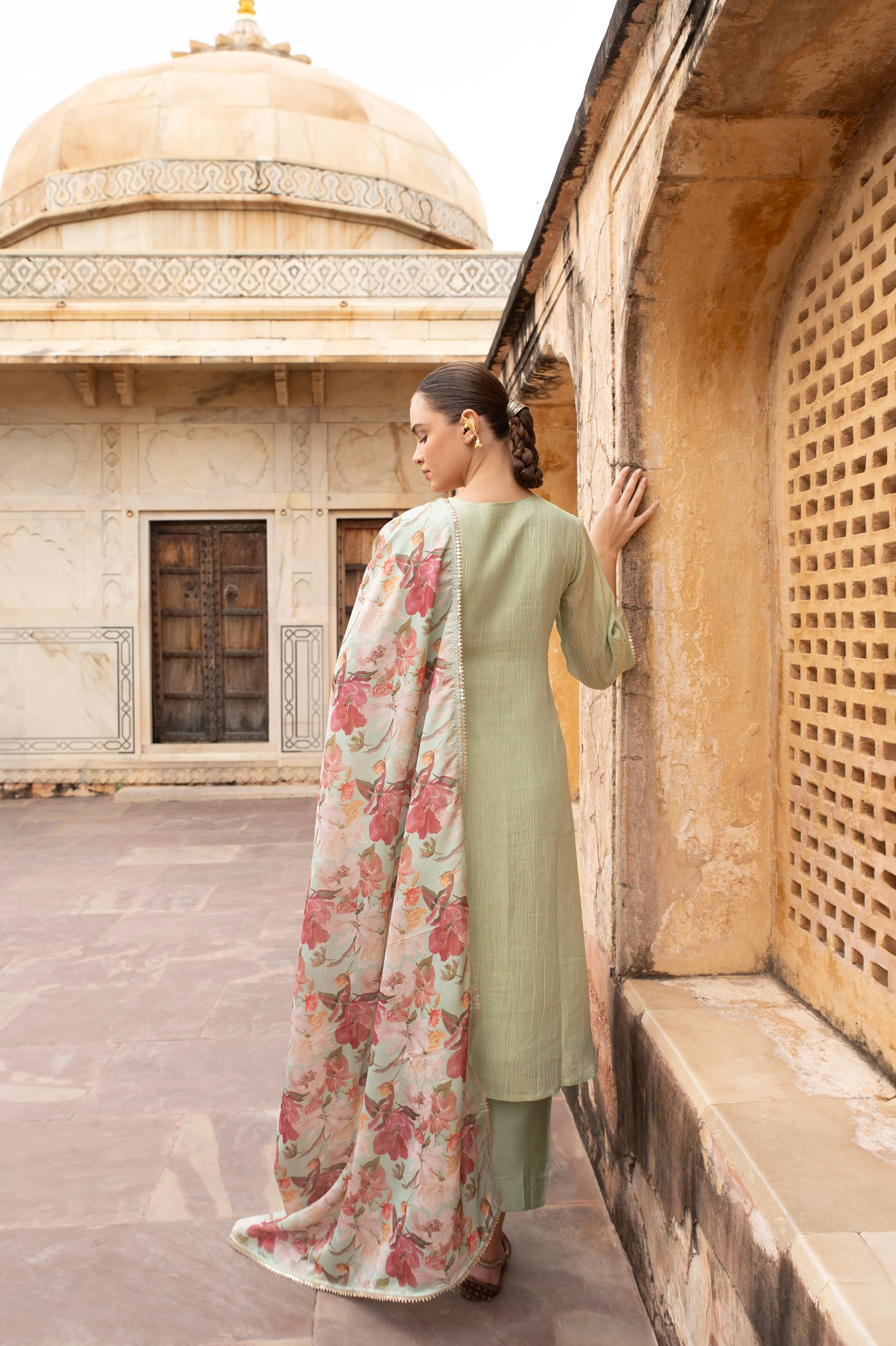 Green Embellished Crushed Tissue Silk Pant Set - Image 3