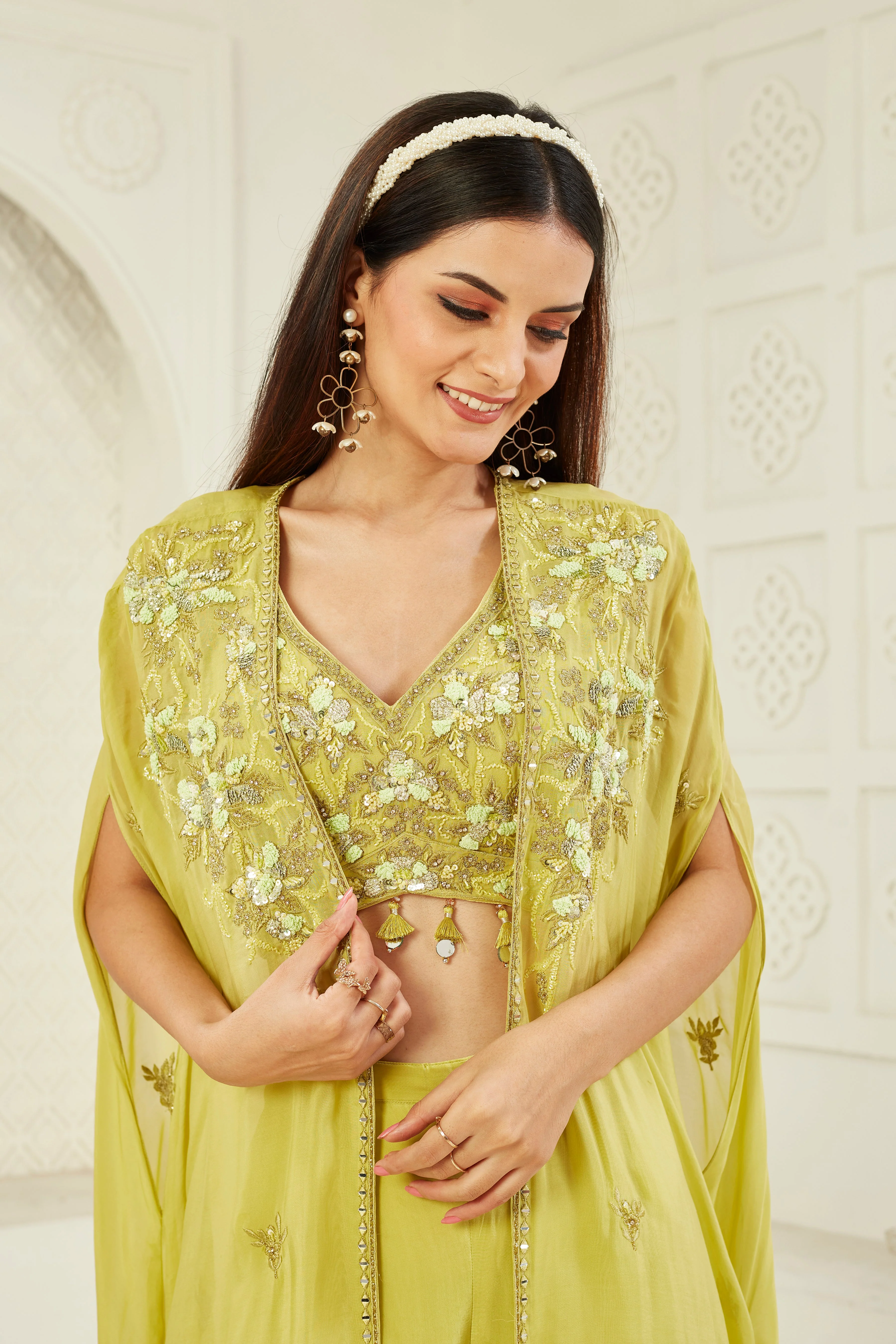Green Embellished Georgette Silk Cape Set - Image 2