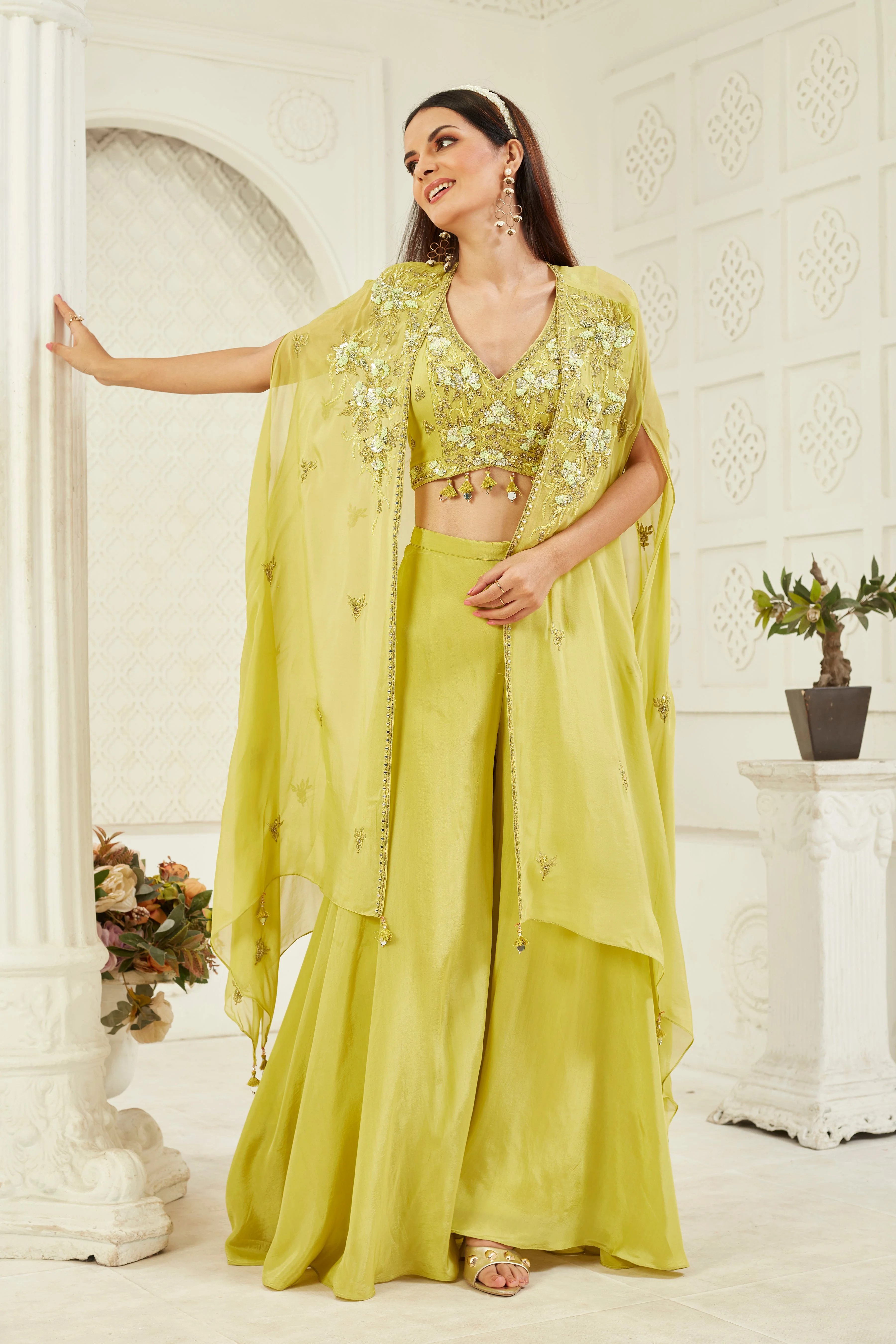 Green Embellished Georgette Silk Cape Set - Image 3
