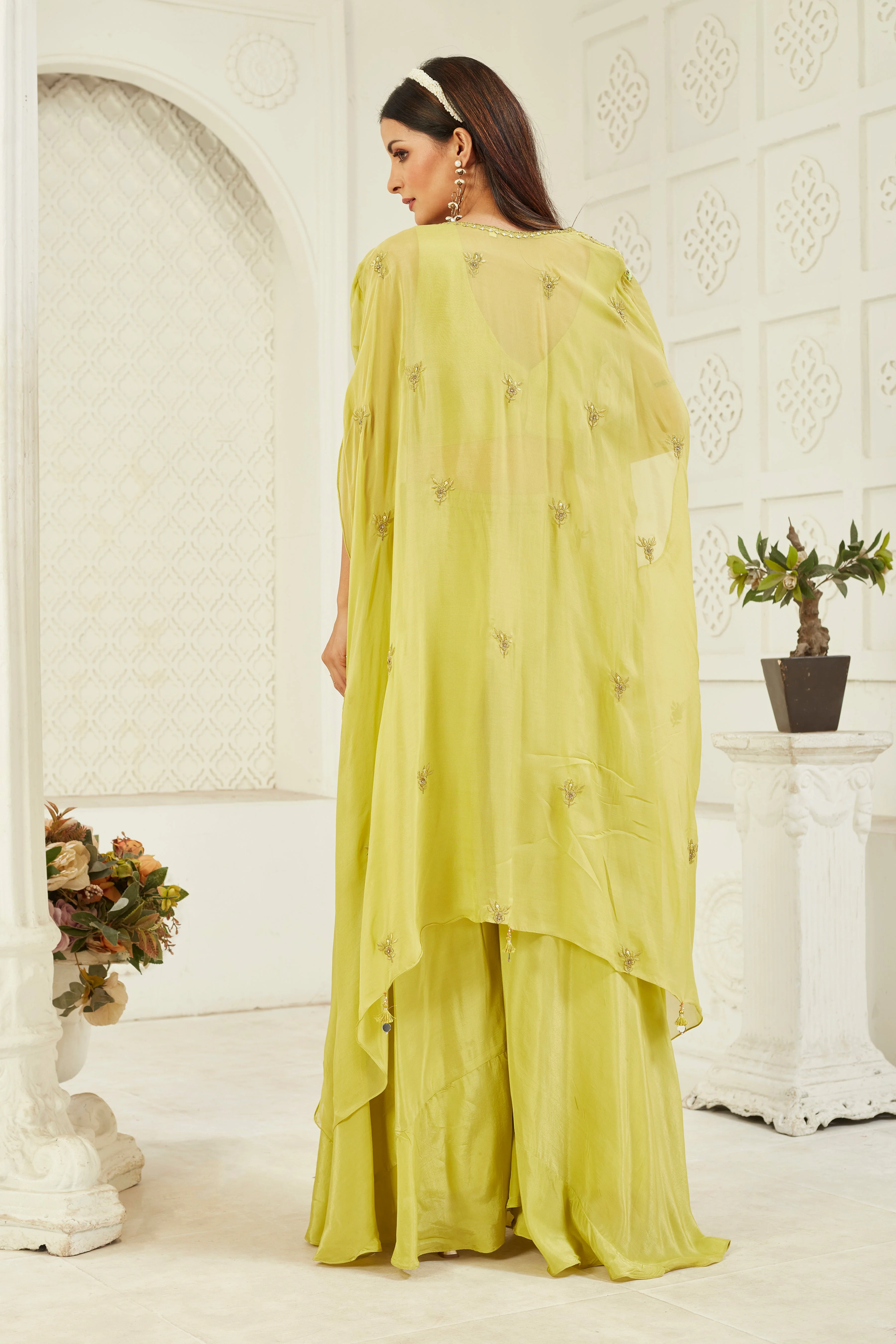 Green Embellished Georgette Silk Cape Set - Image 4