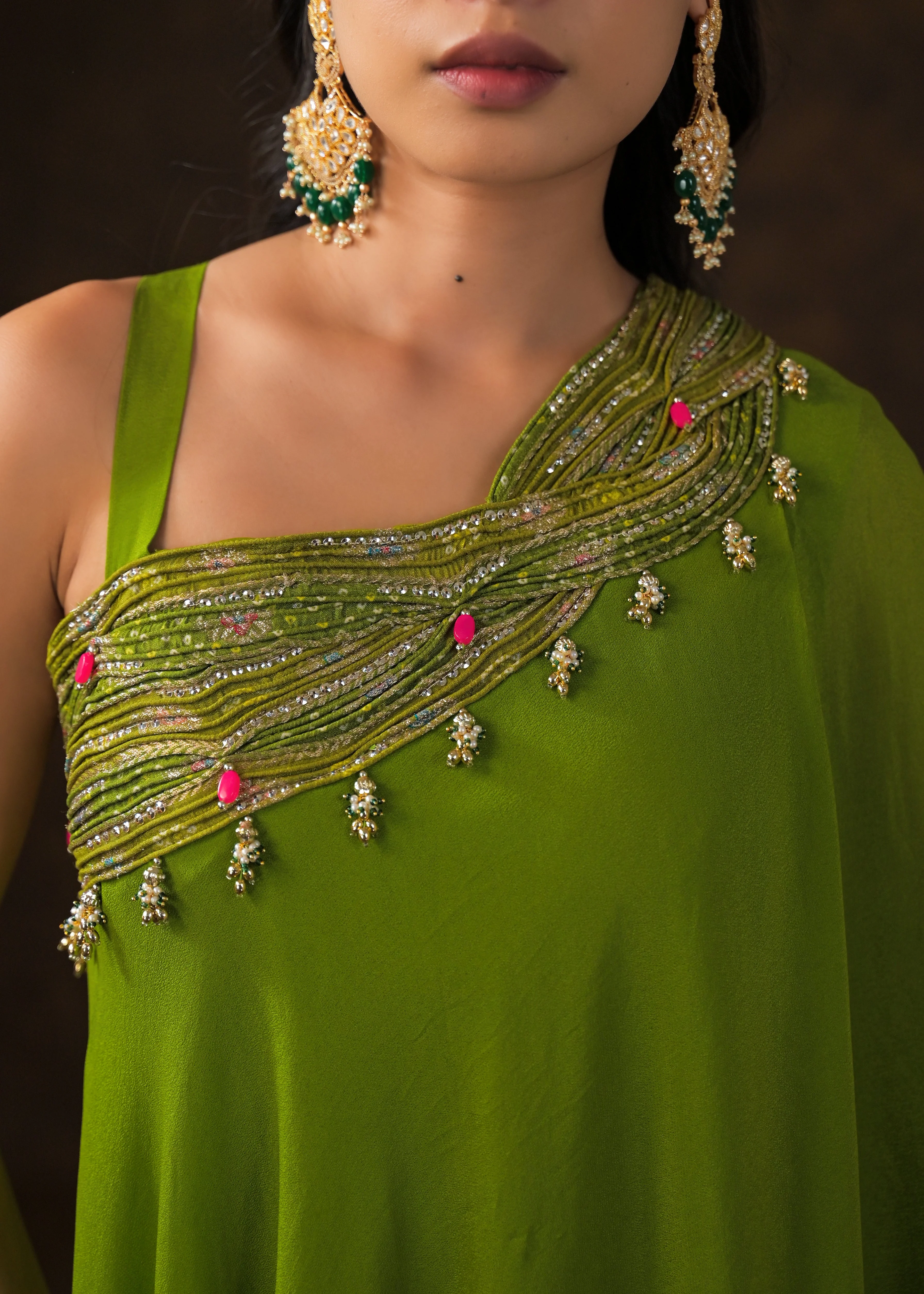 Lime Green Embellished Georgette Silk Palazzo Set - Image 2