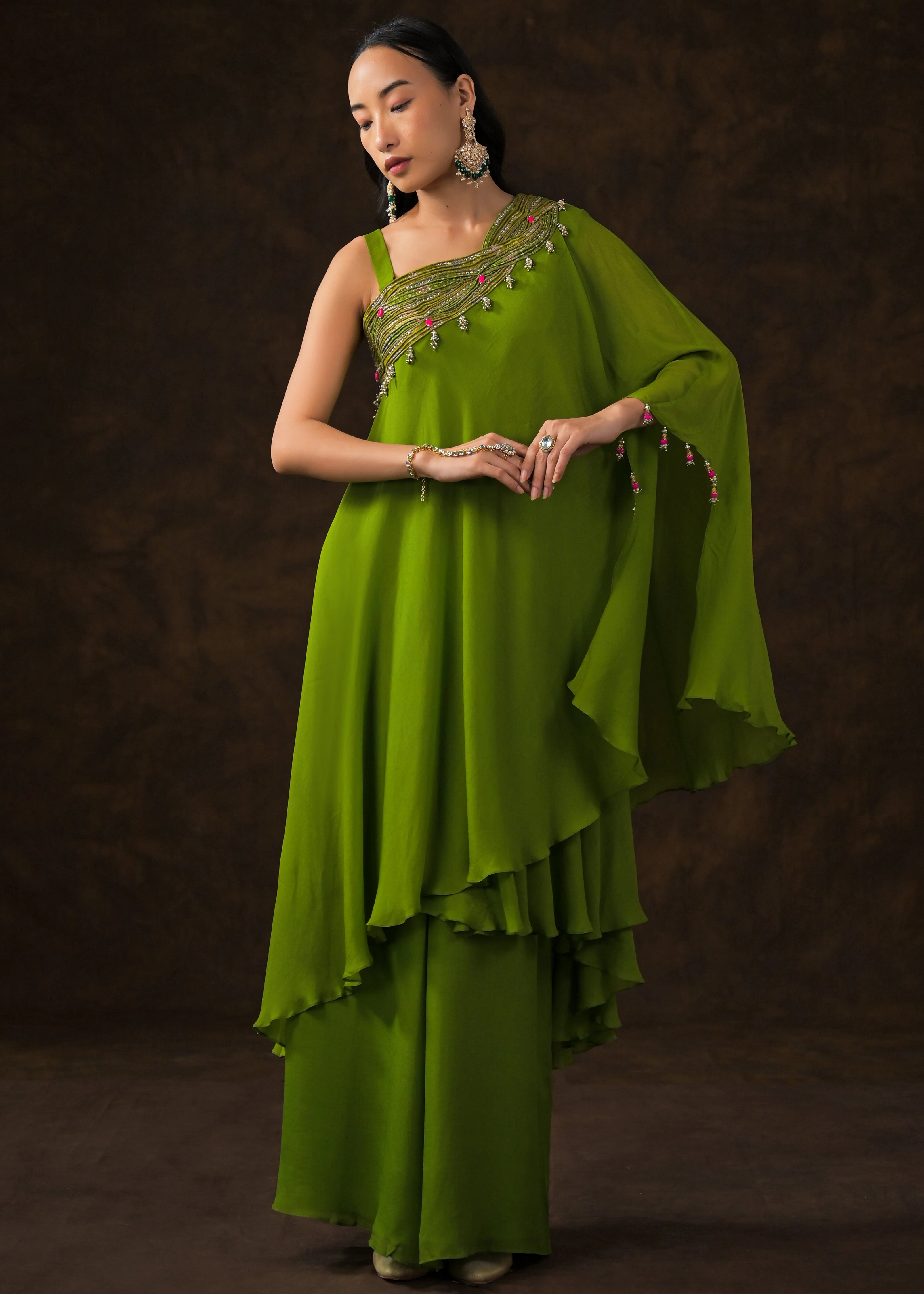 Lime Green Embellished Georgette Silk Palazzo Set - Image 5