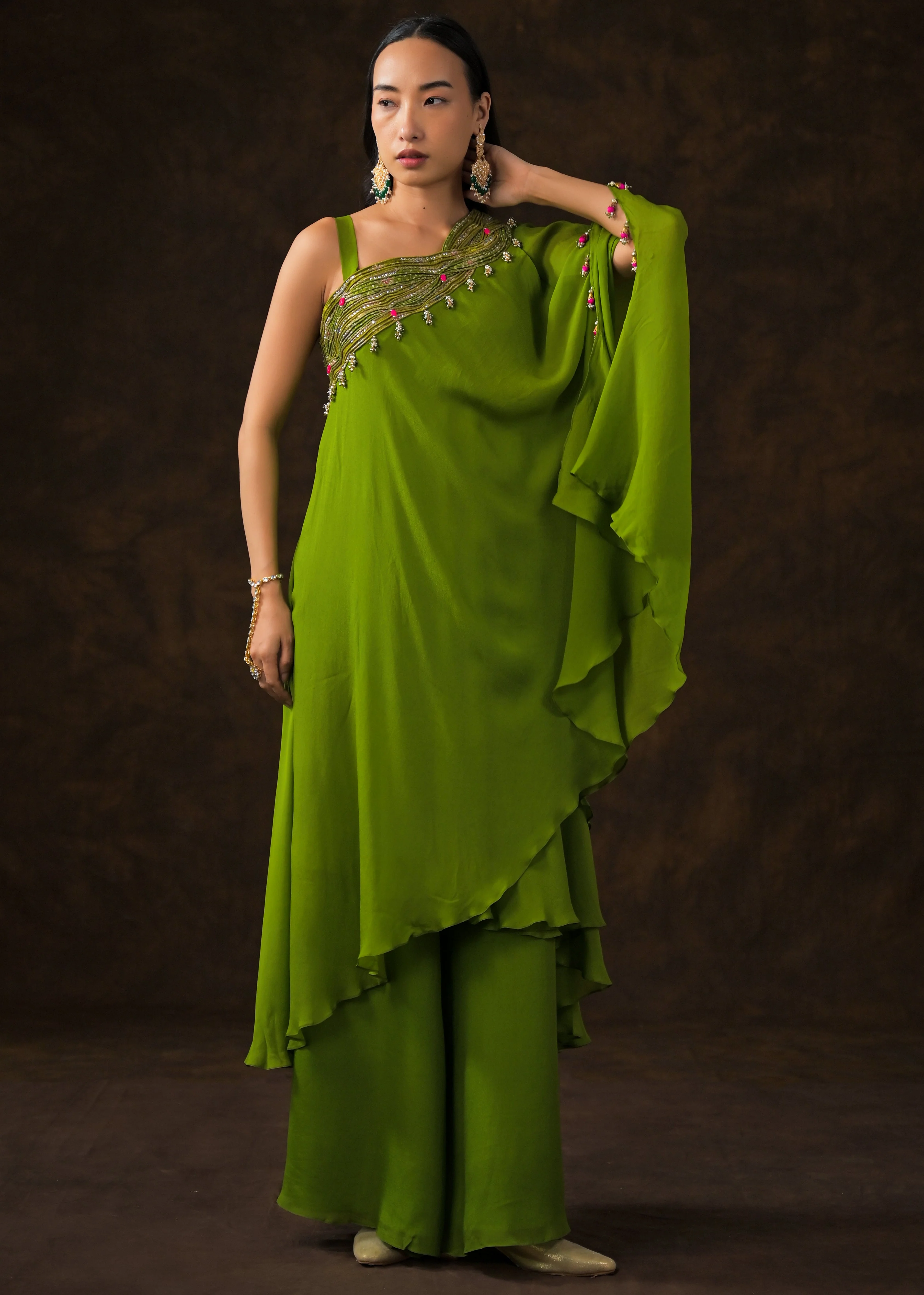 Lime Green Embellished Georgette Silk Palazzo Set - Image 6