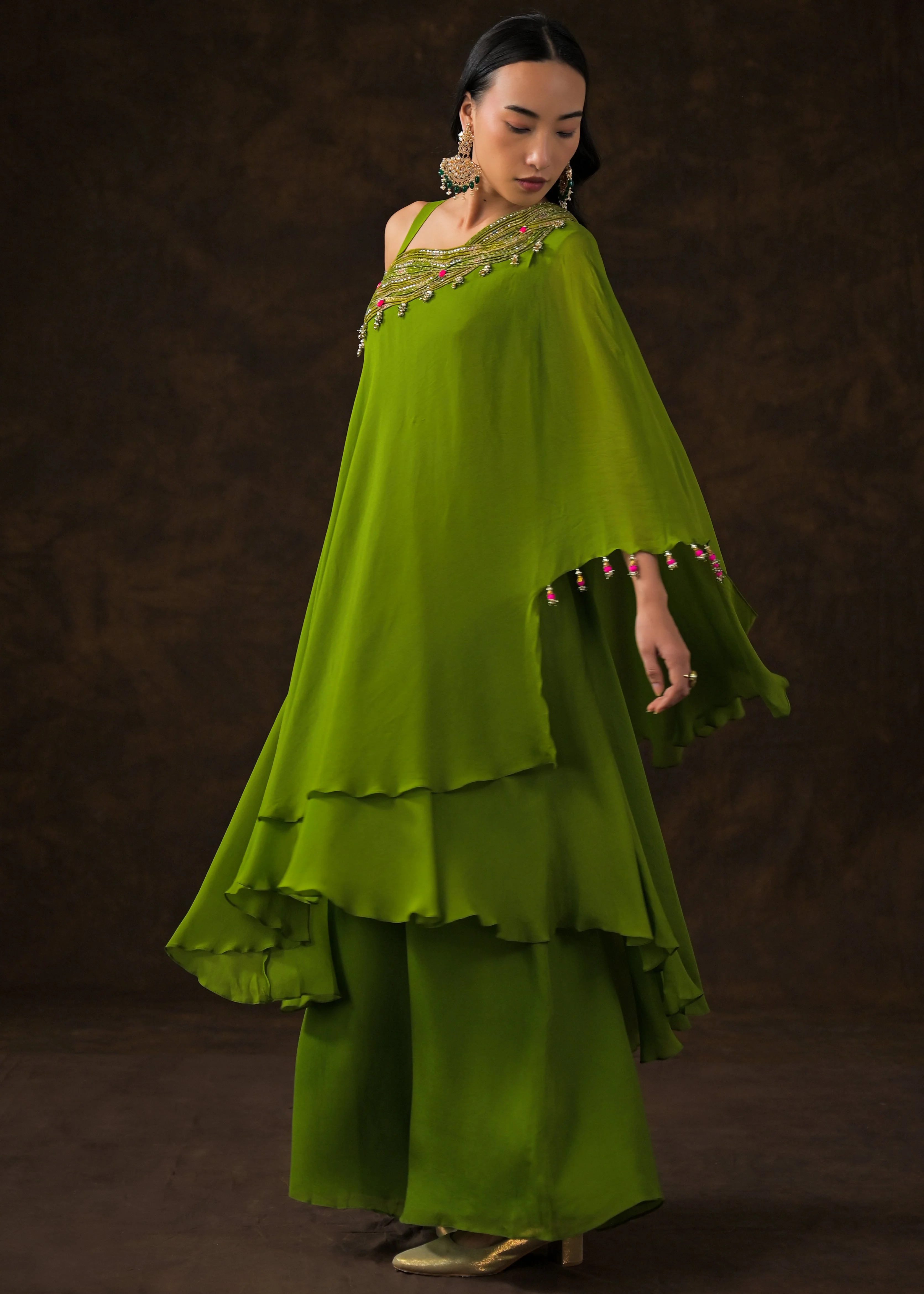 Lime Green Embellished Georgette Silk Palazzo Set - Image 7