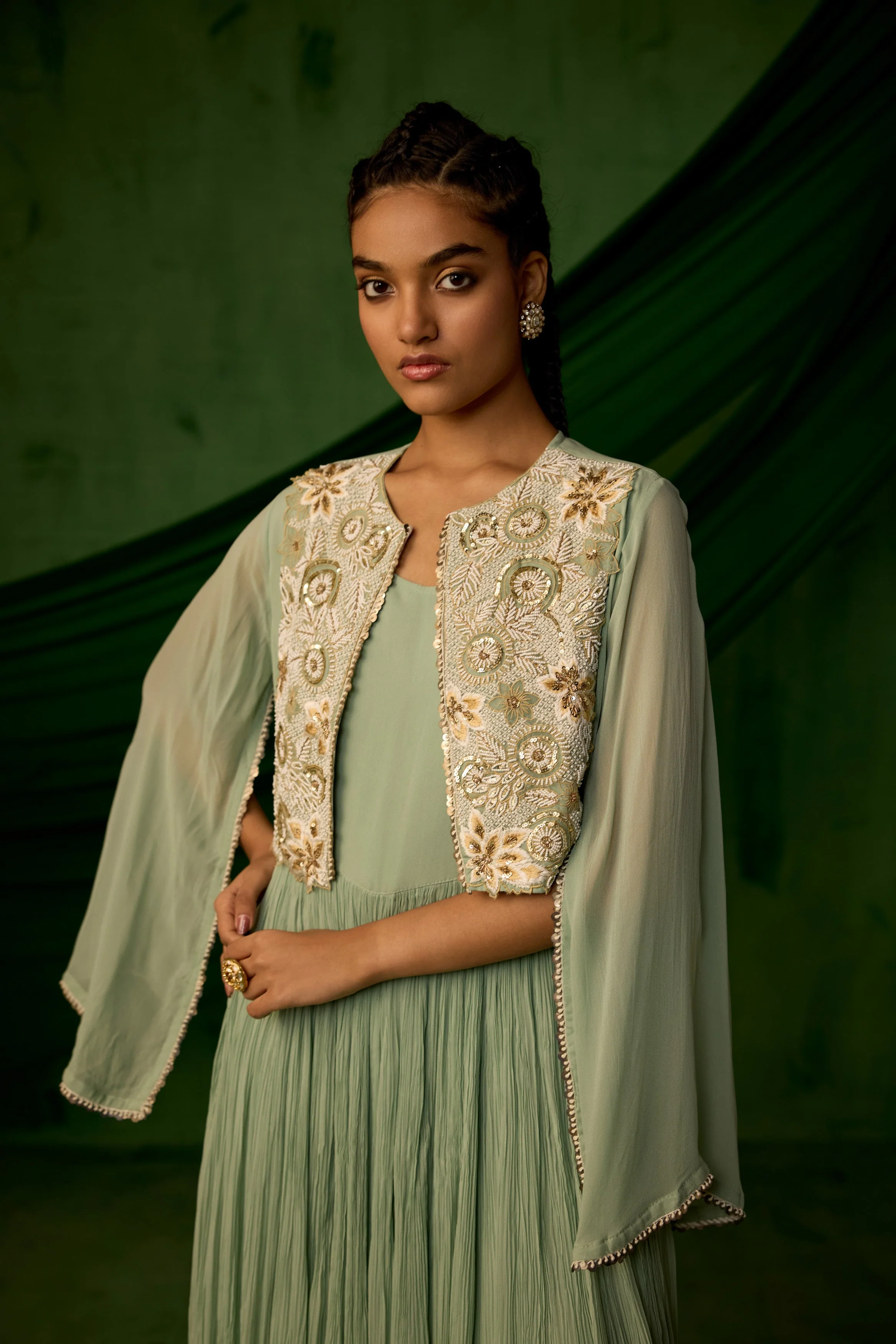 Green Embellished Georgette Silk Sharara Set - Image 2