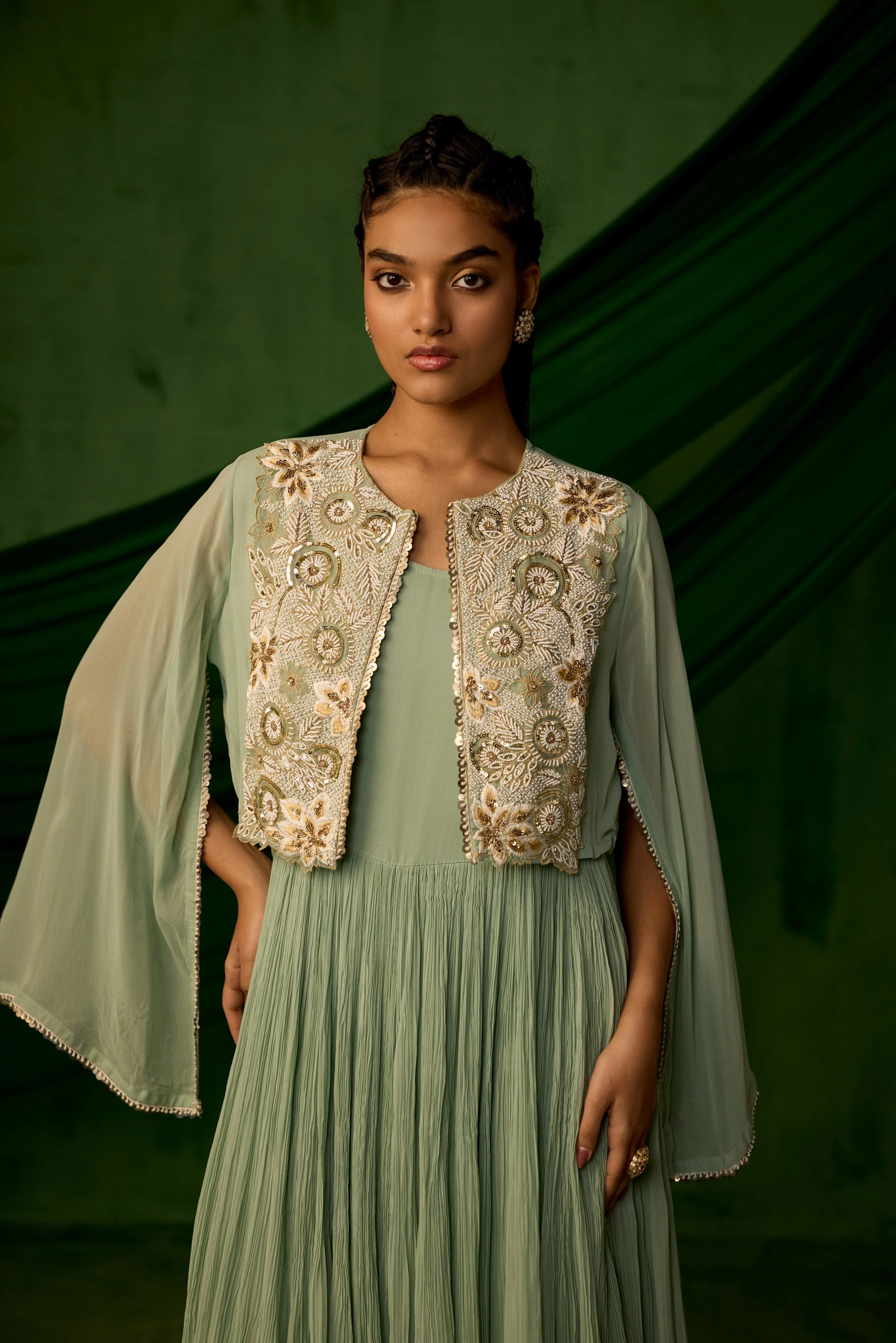 Green Embellished Georgette Silk Sharara Set - Image 3