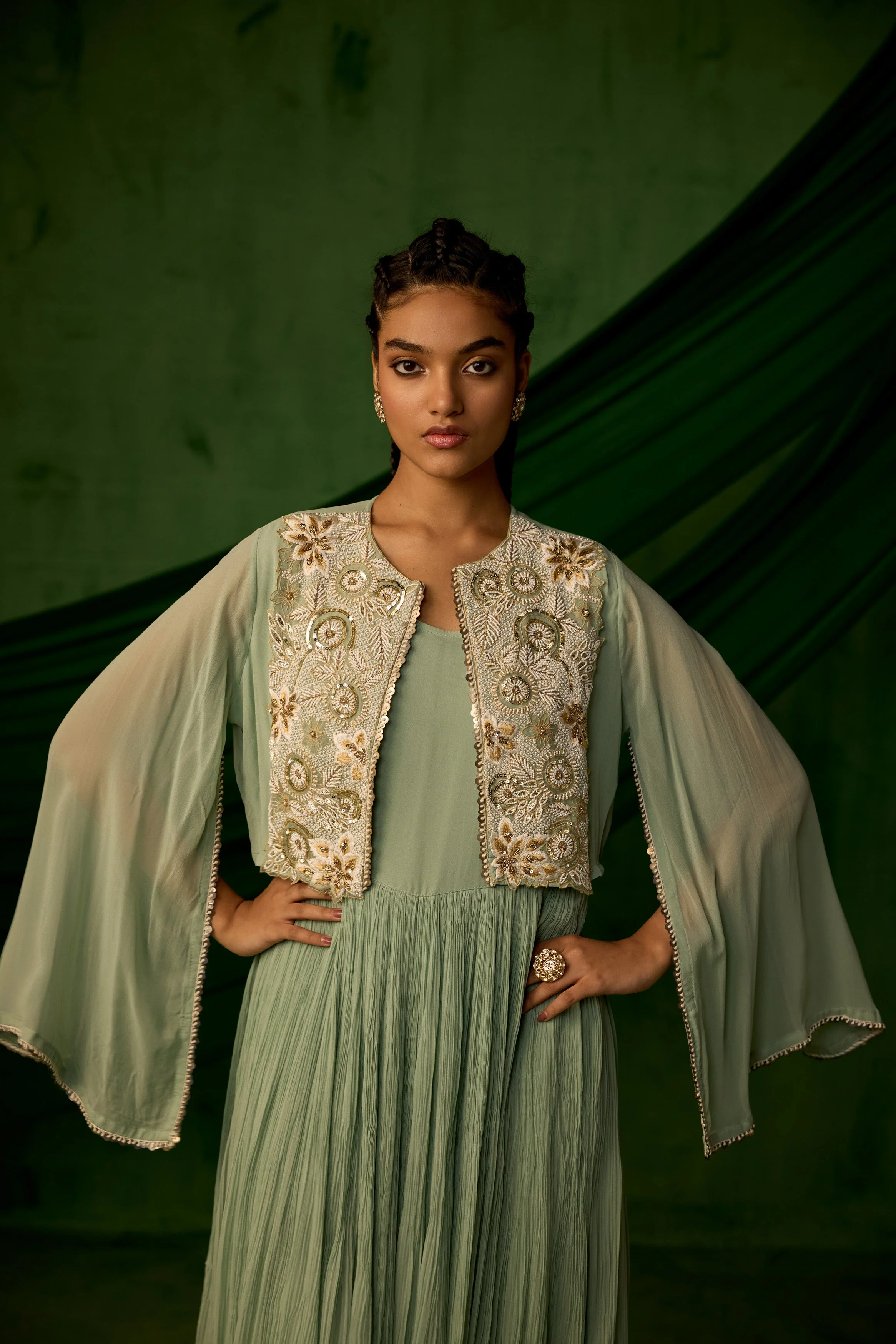 Green Embellished Georgette Silk Sharara Set - Image 4