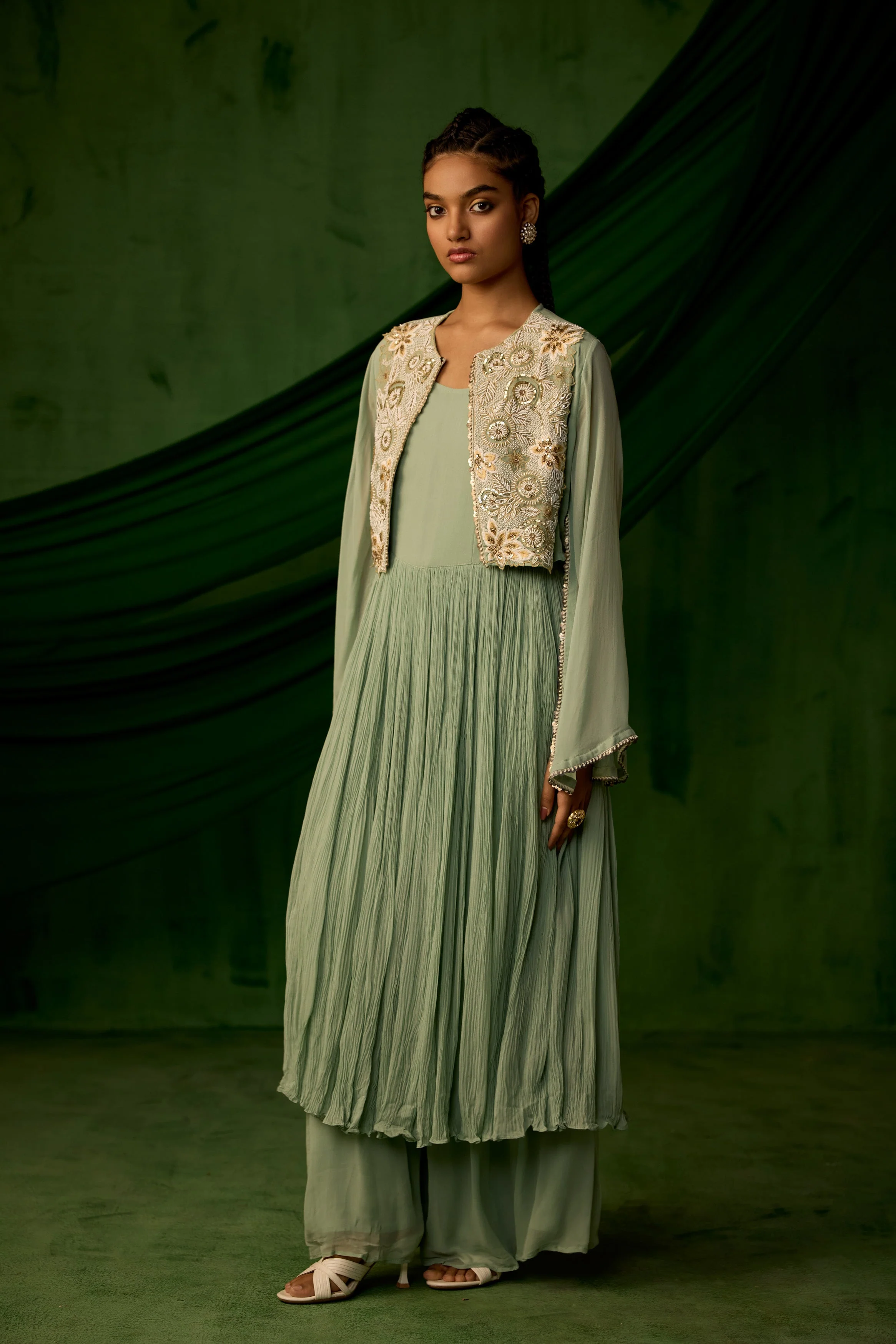 Green Embellished Georgette Silk Sharara Set - Image 5