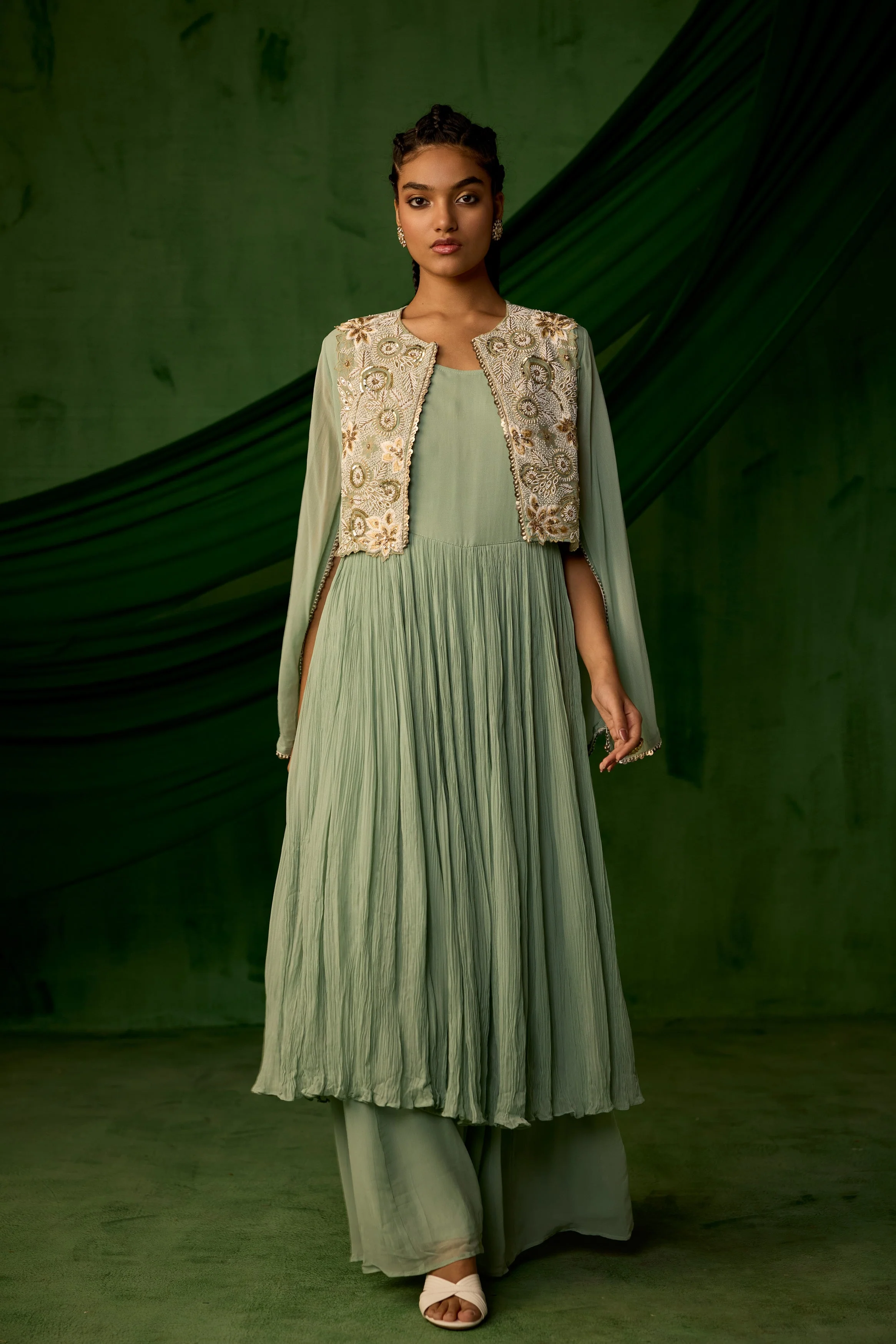Green Embellished Georgette Silk Sharara Set - Image 6