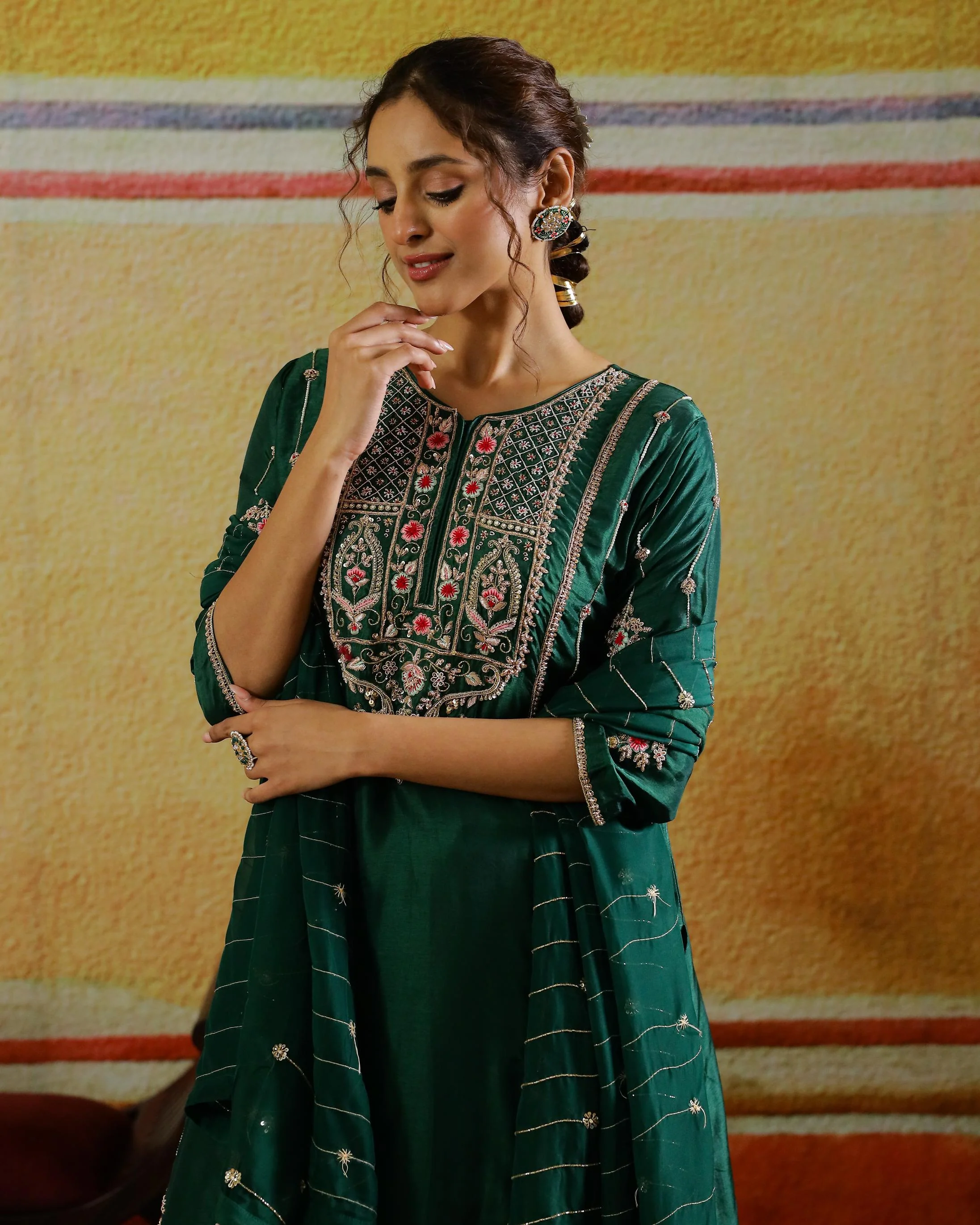 Deep Green Embellished Habutai Silk Kurta Set - Image 2