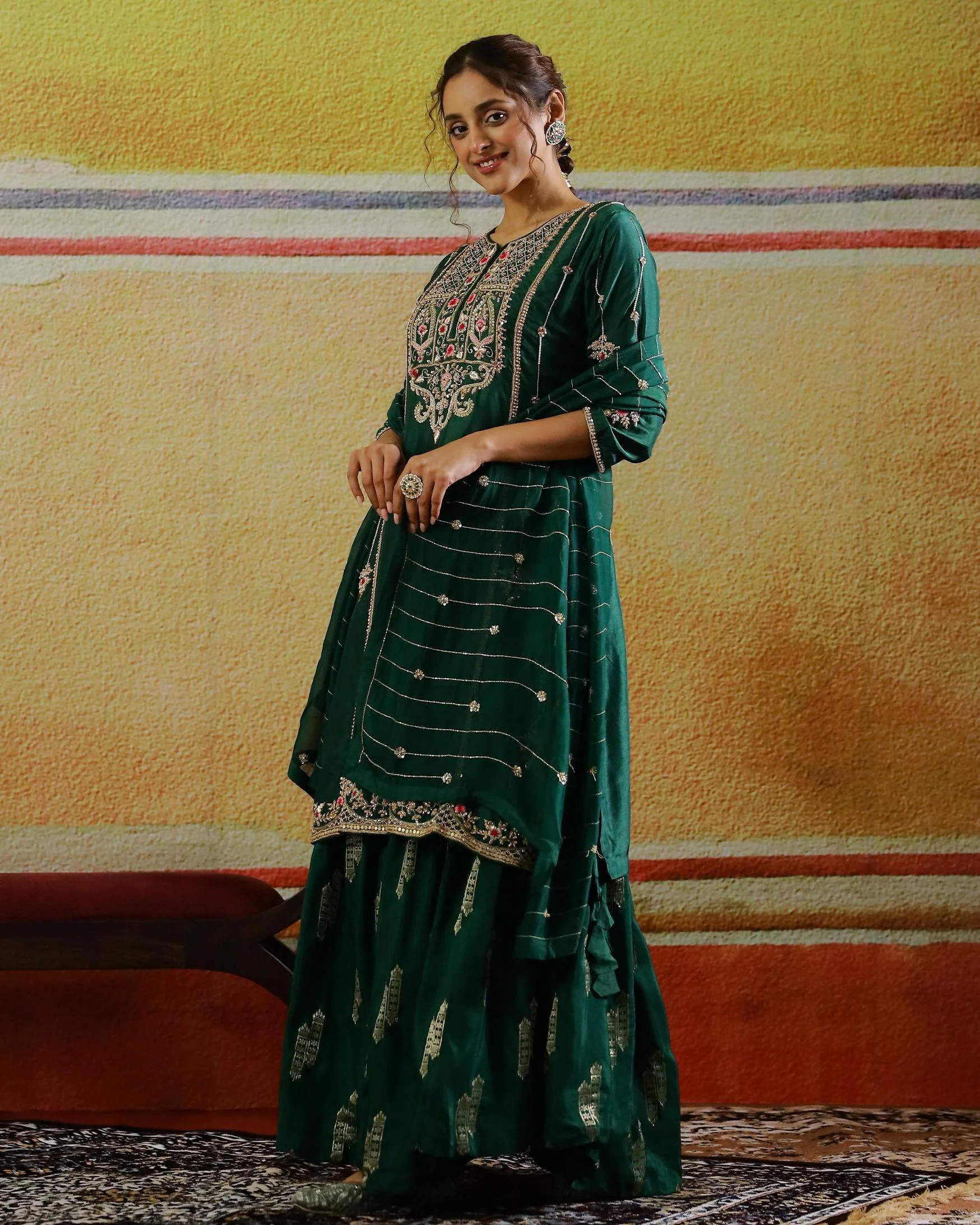 Deep Green Embellished Habutai Silk Kurta Set - Image 4