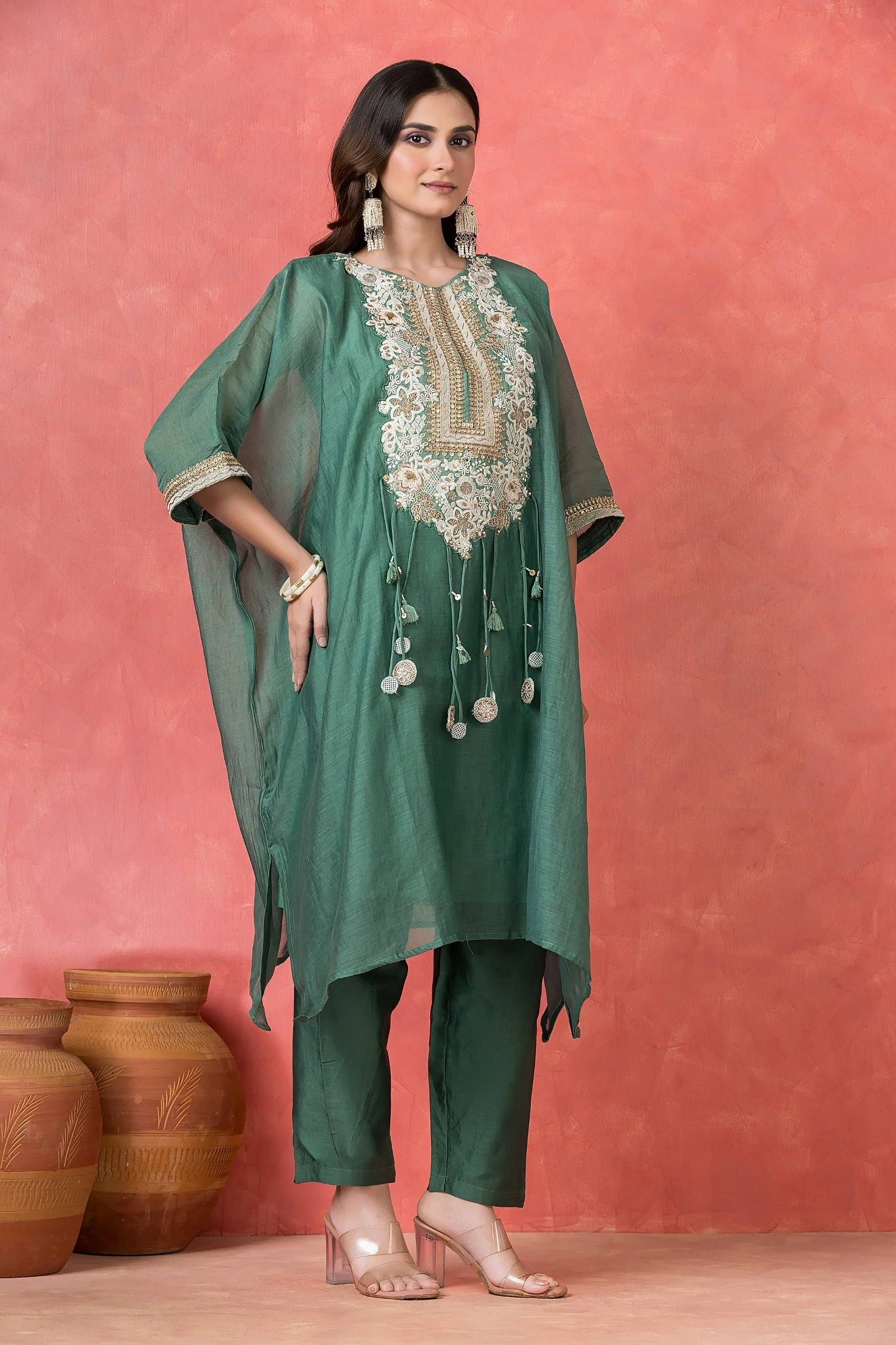 Deep Jade Embellished Mul-Chanderi Kaftan Set - Image 2