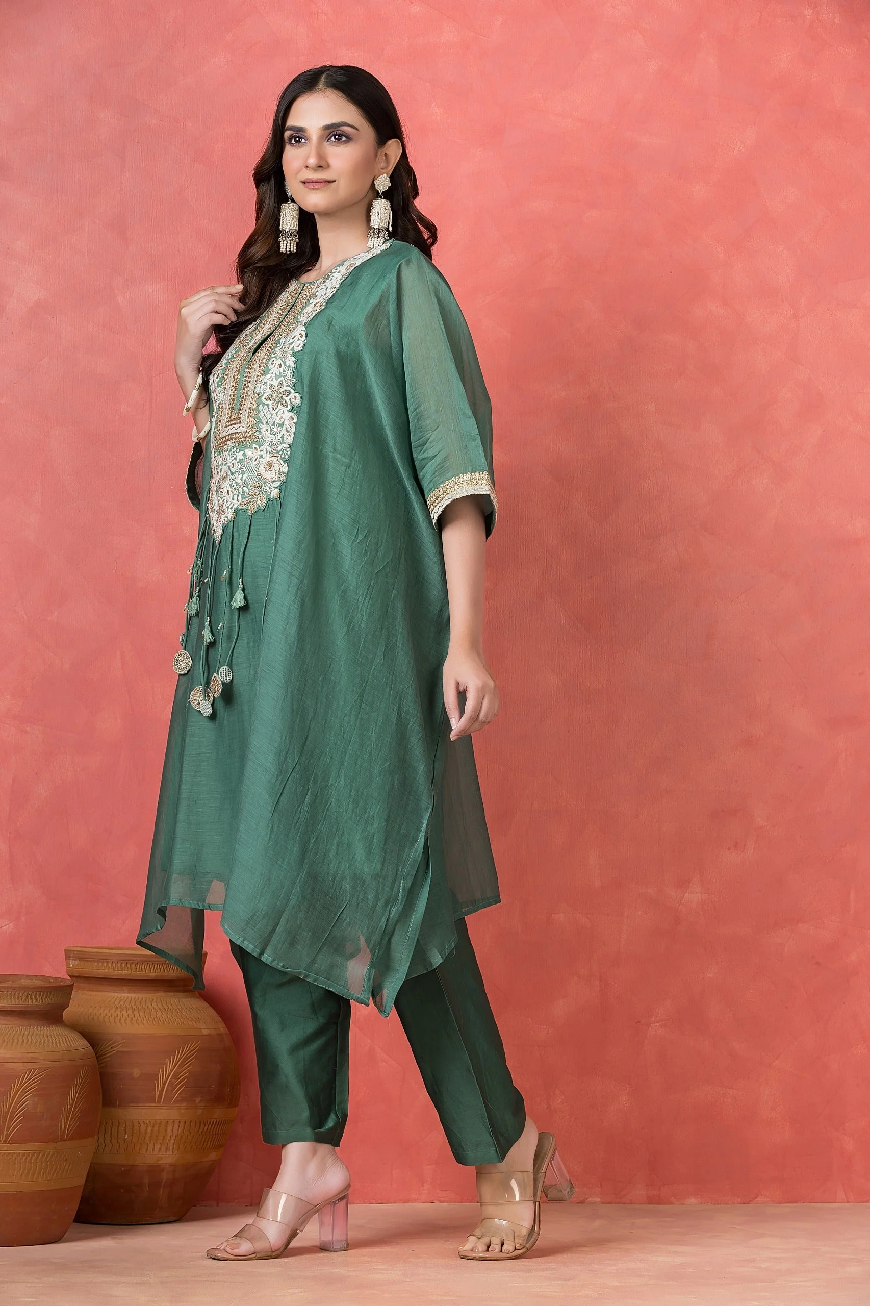 Deep Jade Embellished Mul-Chanderi Kaftan Set - Image 3