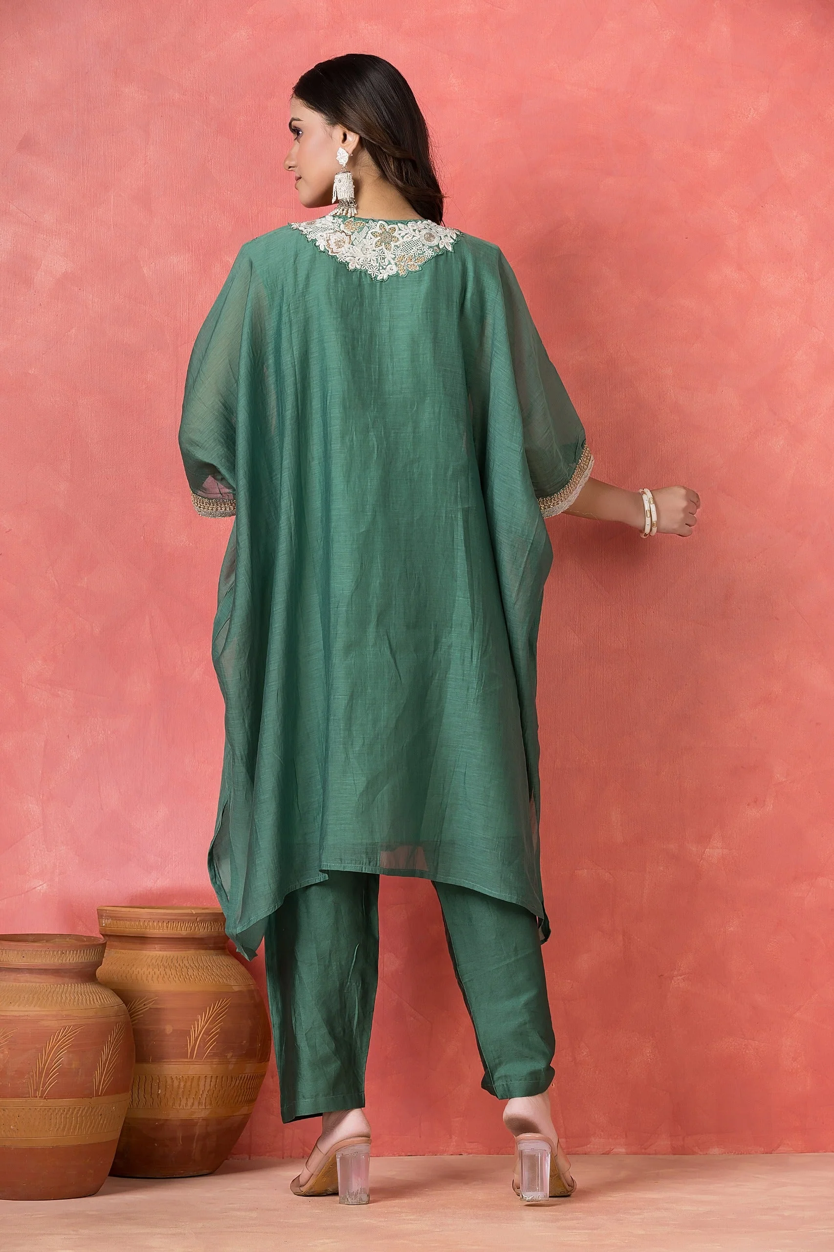 Deep Jade Embellished Mul-Chanderi Kaftan Set - Image 4