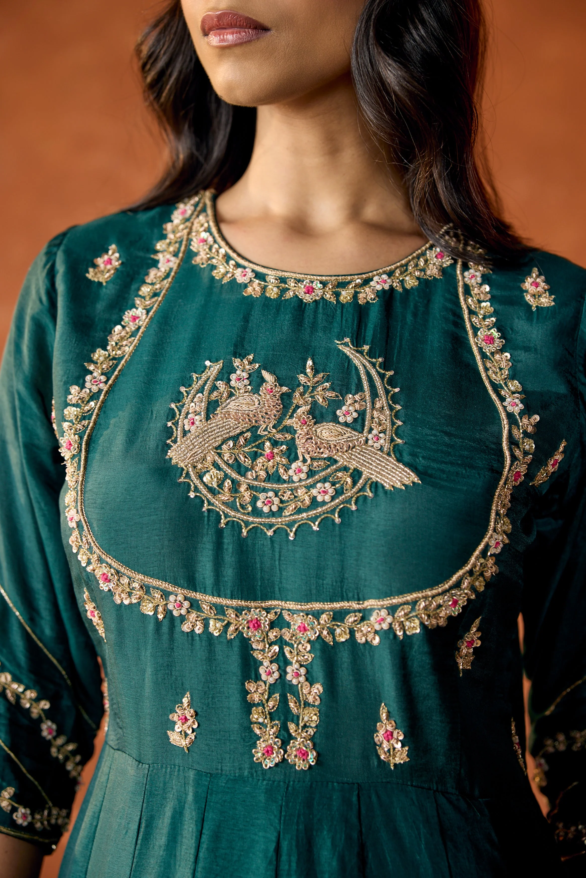 Dark Teal Embellished Premium Raw Silk Anarkali Set - Image 2