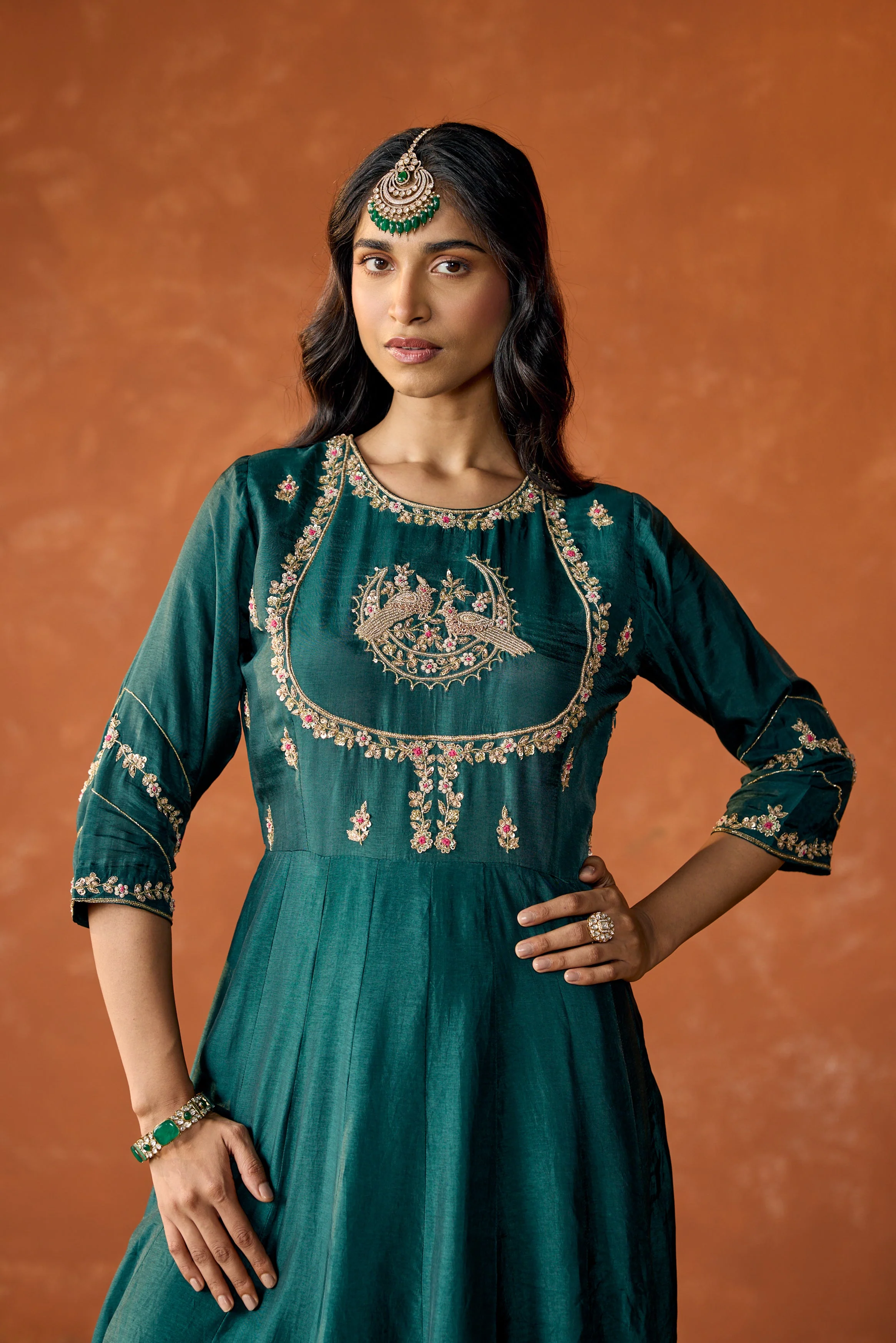 Dark Teal Embellished Premium Raw Silk Anarkali Set - Image 3