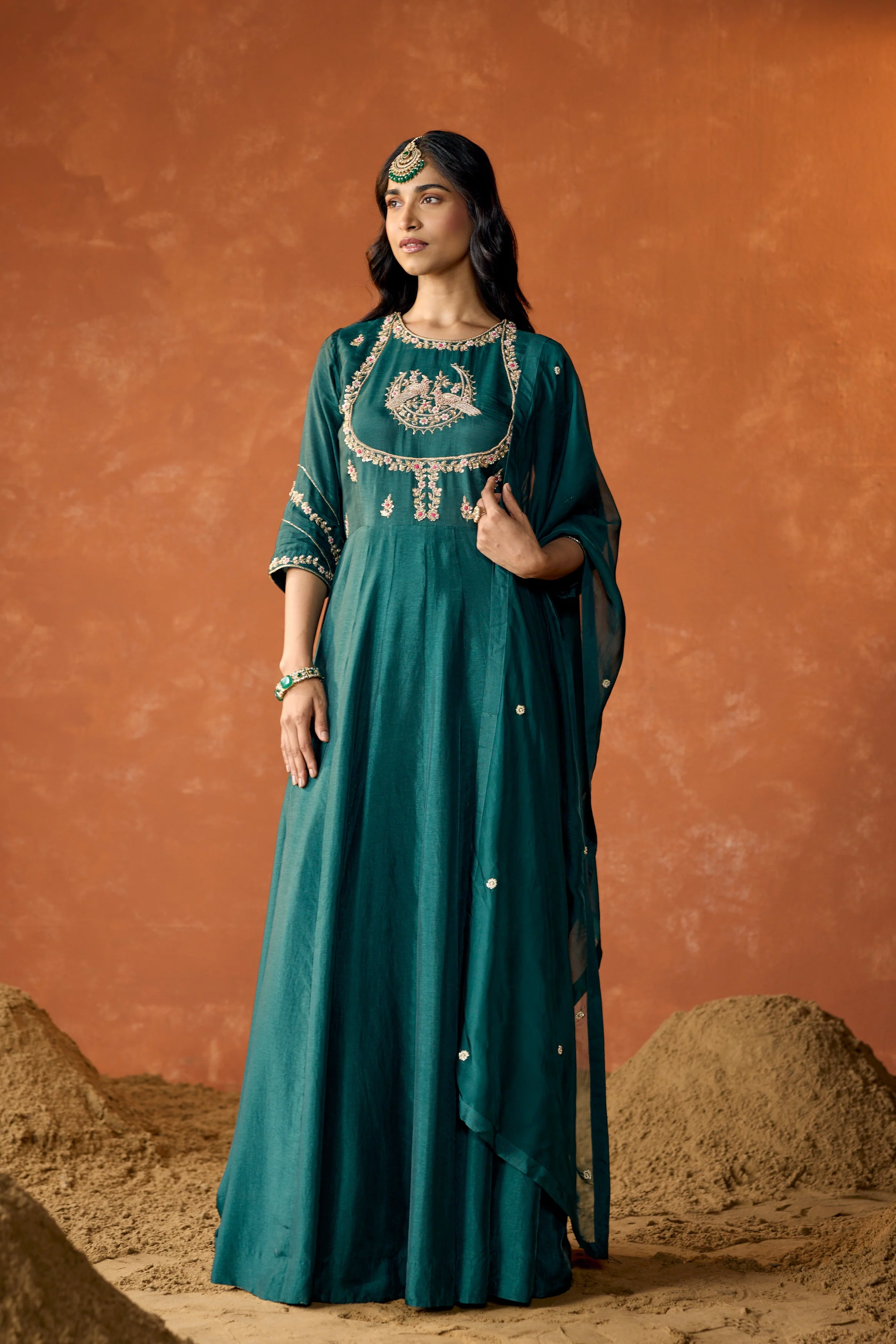Dark Teal Embellished Premium Raw Silk Anarkali Set - Image 4