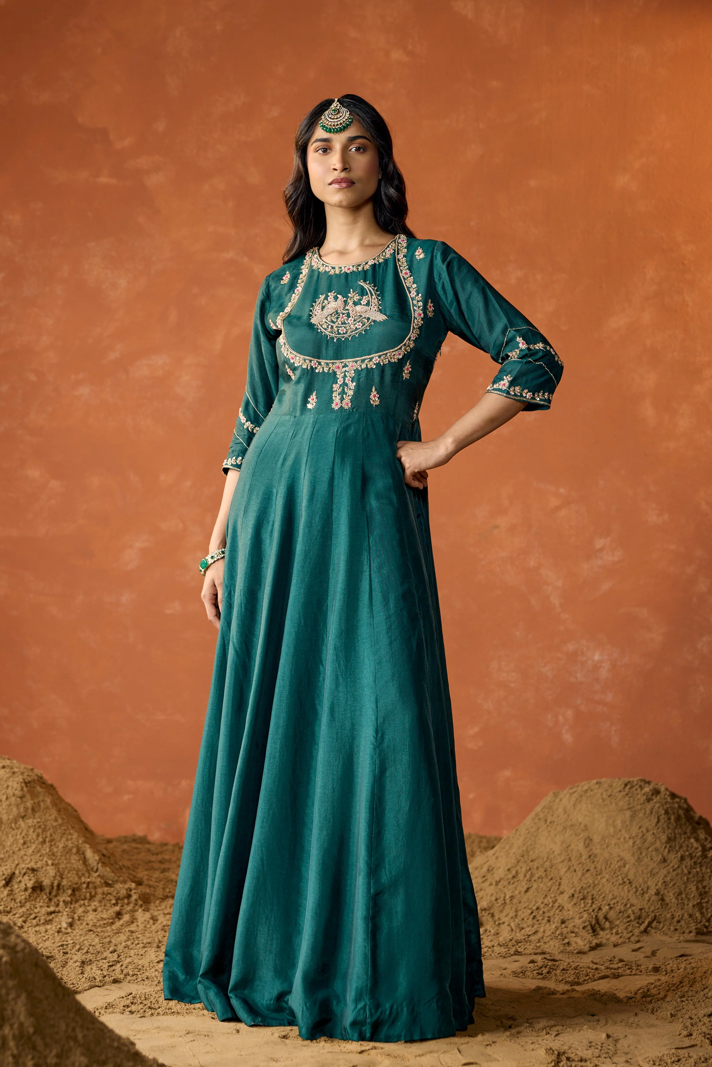 Dark Teal Embellished Premium Raw Silk Anarkali Set - Image 5