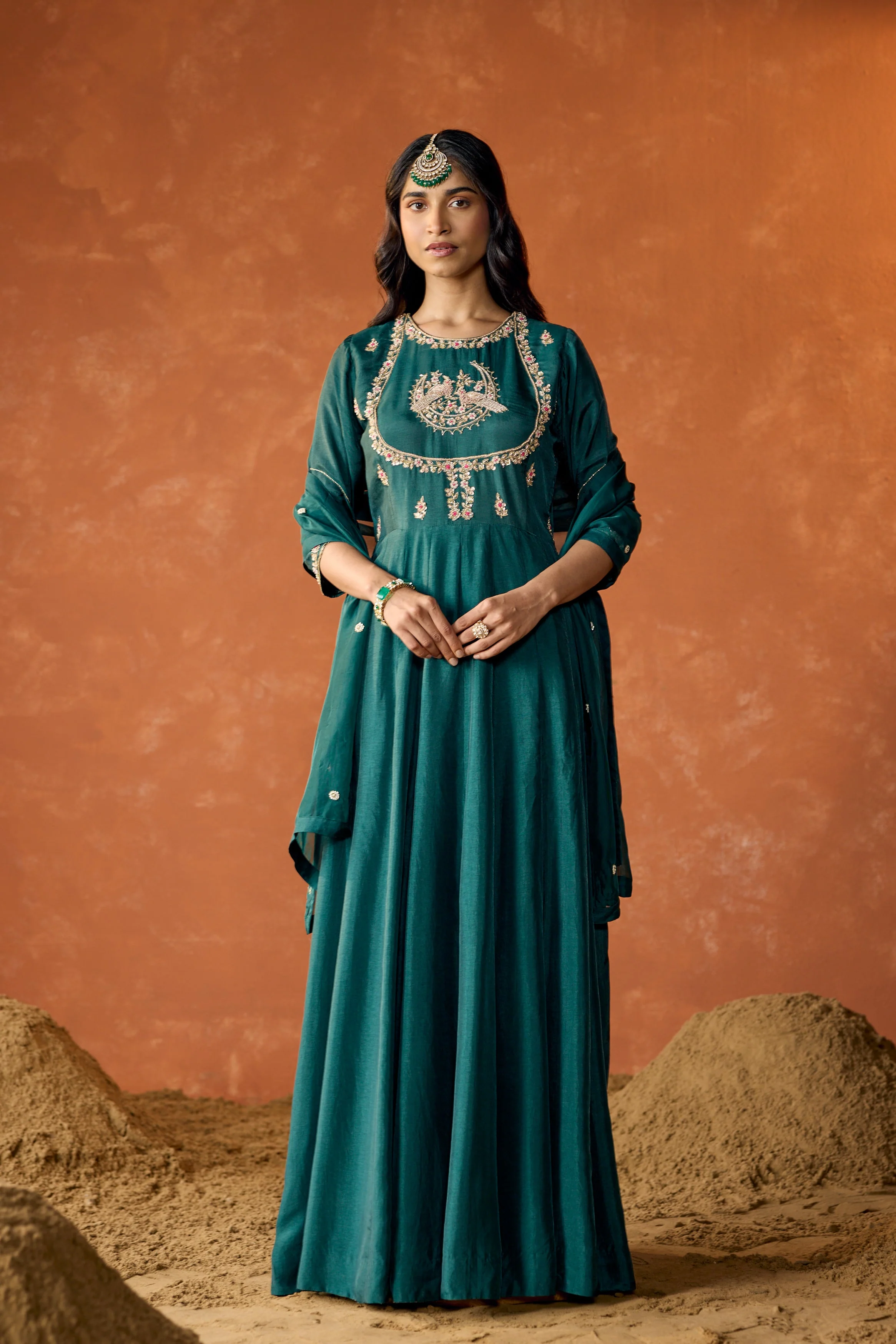 Dark Teal Embellished Premium Raw Silk Anarkali Set - Image 6