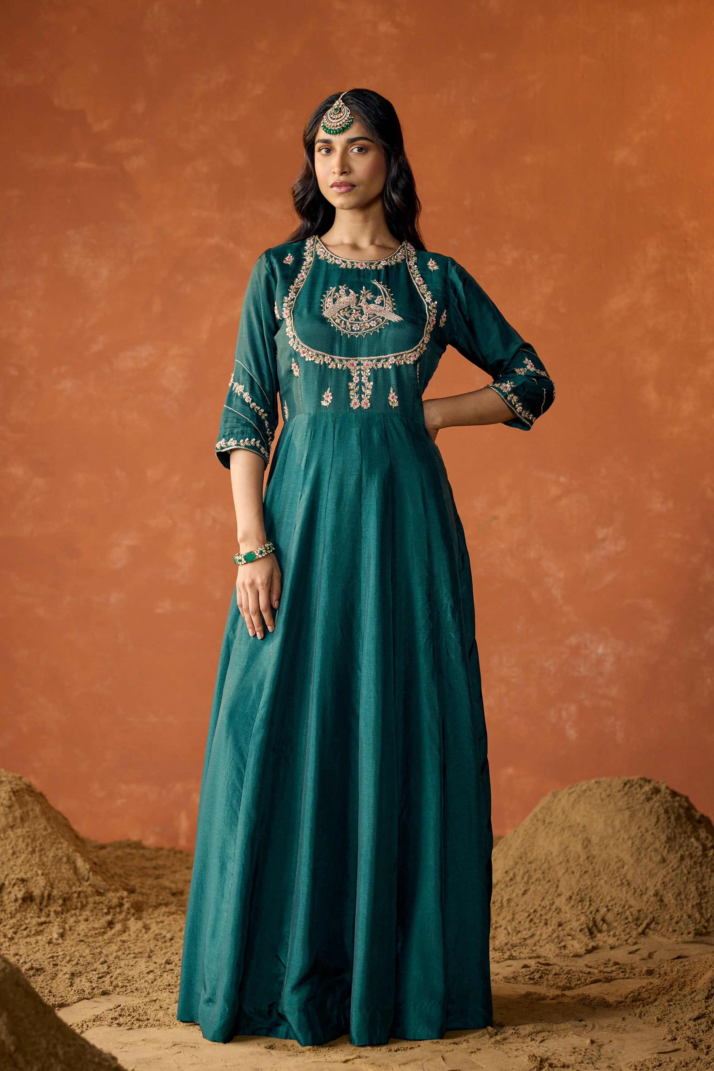 Dark Teal Embellished Premium Raw Silk Anarkali Set - Image 7