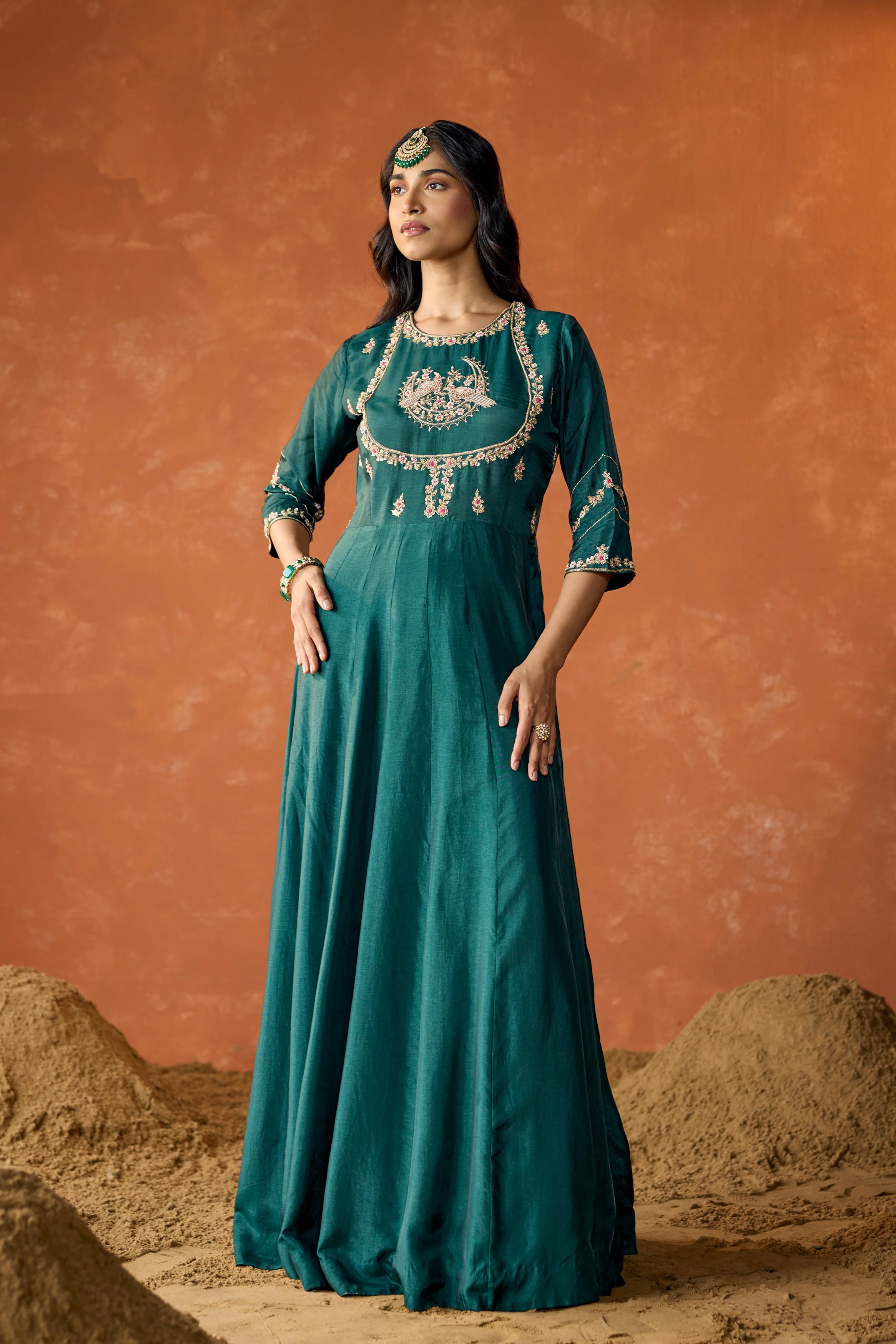 Dark Teal Embellished Premium Raw Silk Anarkali Set - Image 8